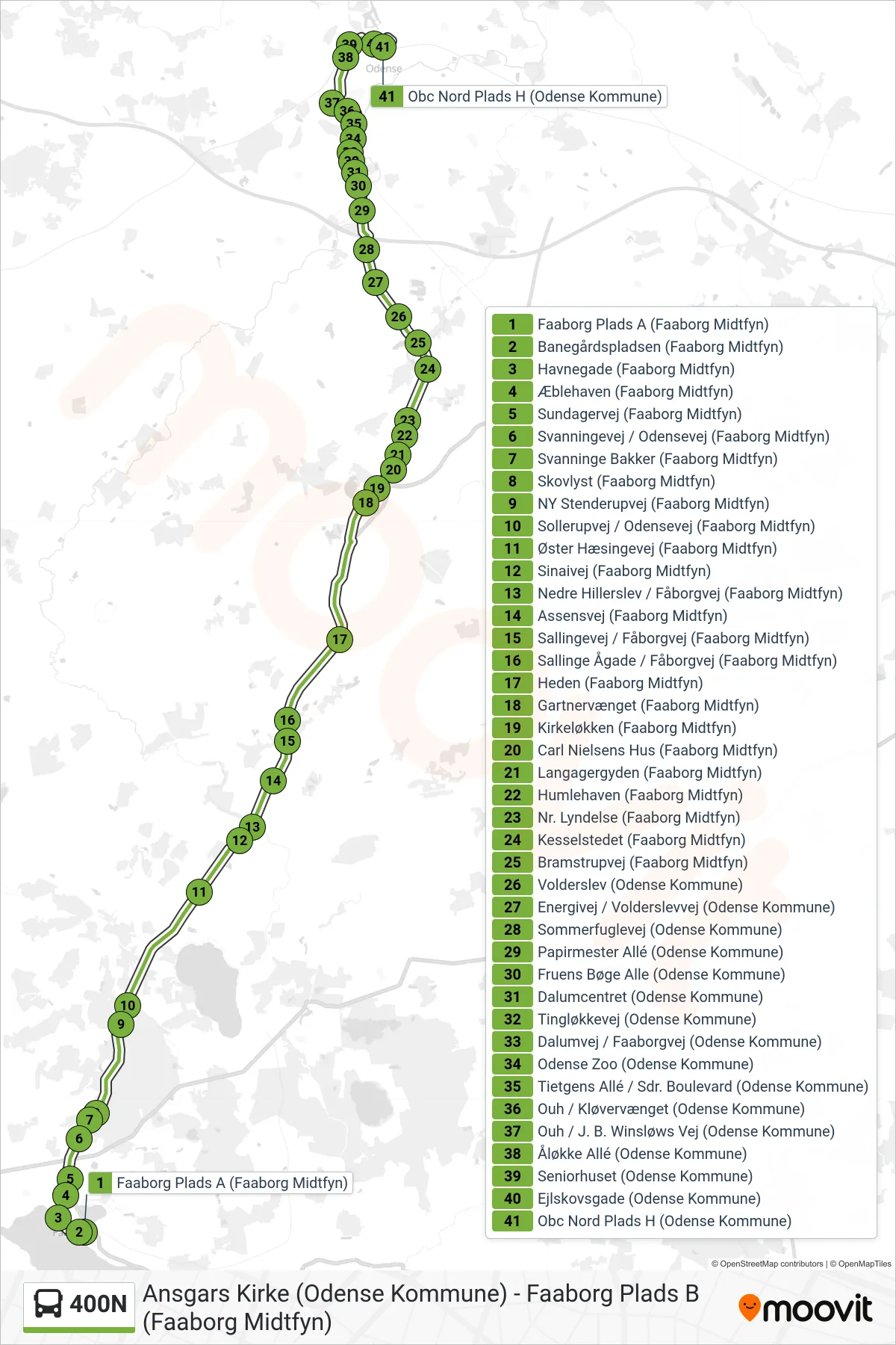 400N bus Linje (Odense) rute og stop på et kort