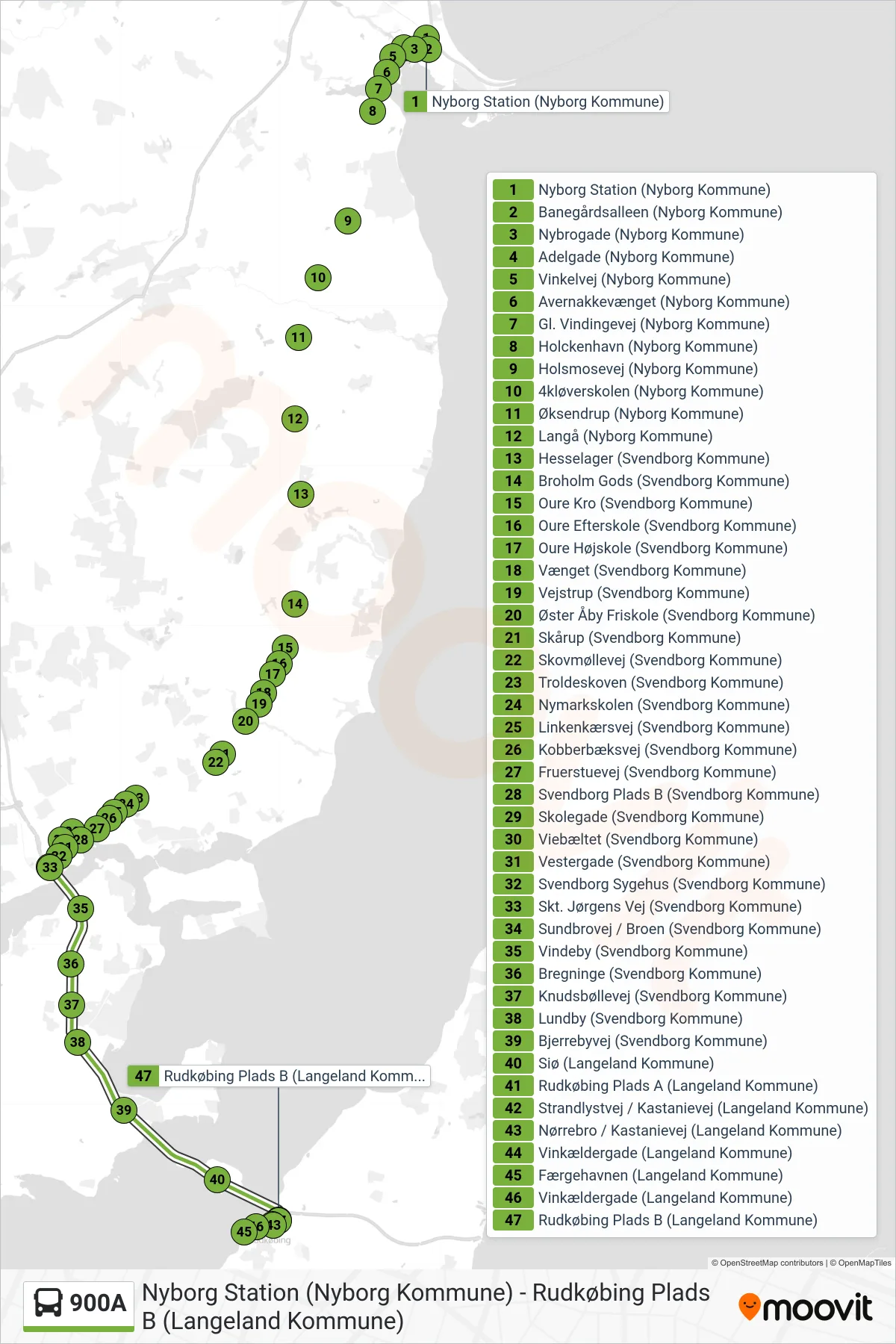 900A bus Linje (Rudkøbing) rute og stop på et kort