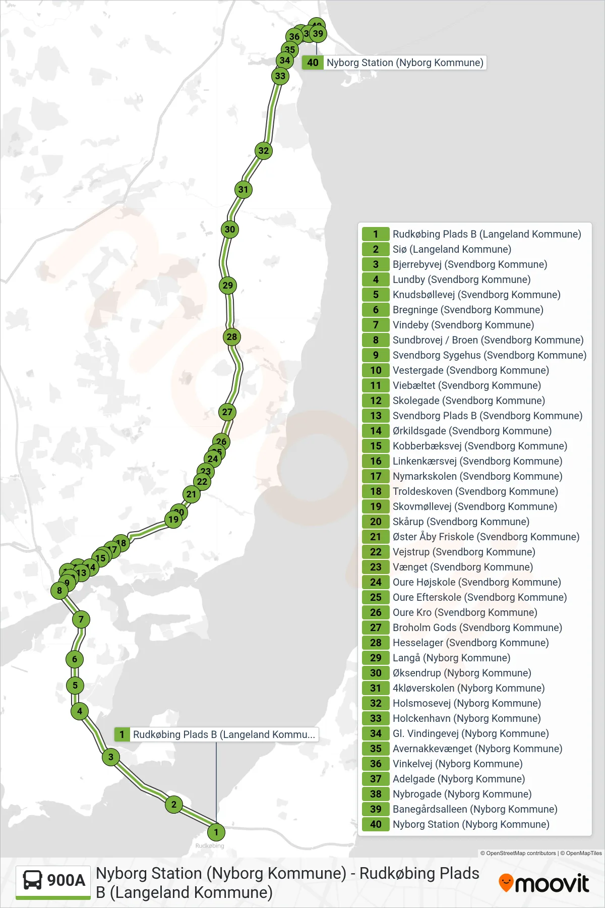 900A bus Linje (Nyborg) rute og stop på et kort