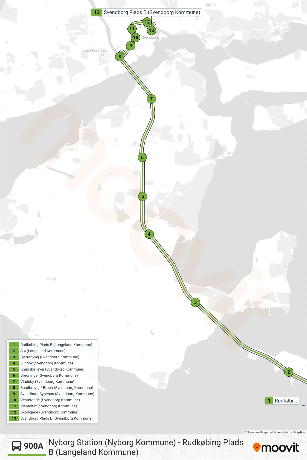 900A bus Linje (Svendborg) rute og stop på et kort