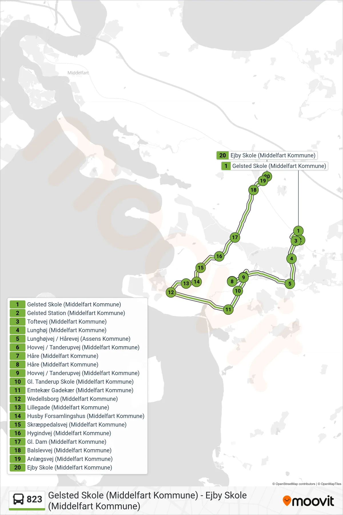 823 bus Linje (Tanderup - Ejby) rute og stop på et kort