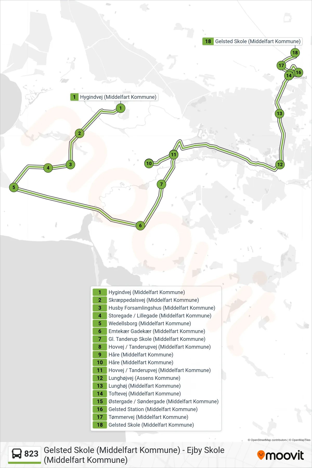 823 bus Linje (Gelsted) rute og stop på et kort