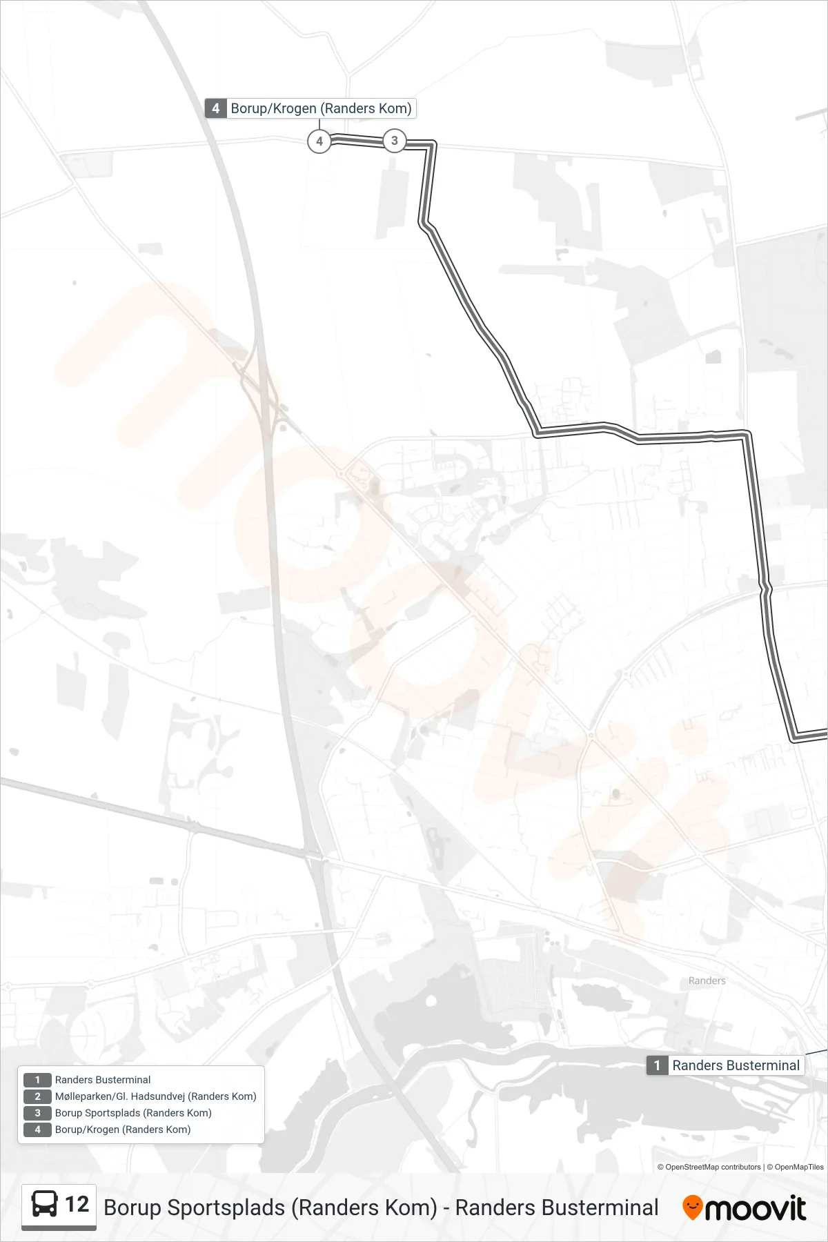 12 bus Linje (Borup/Krogen (Randers Kom)) rute og stop på et kort