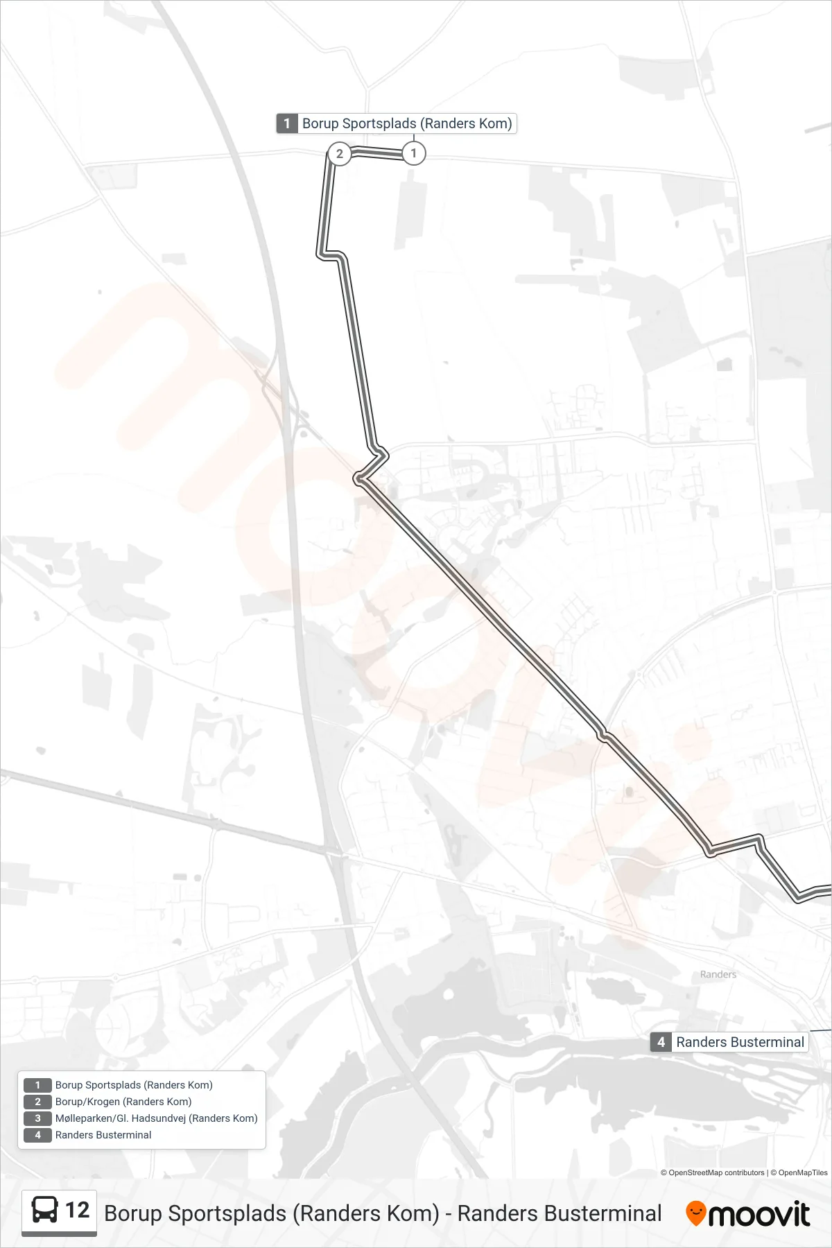 12 bus Line (Randers Busterminal) route and stops on a map