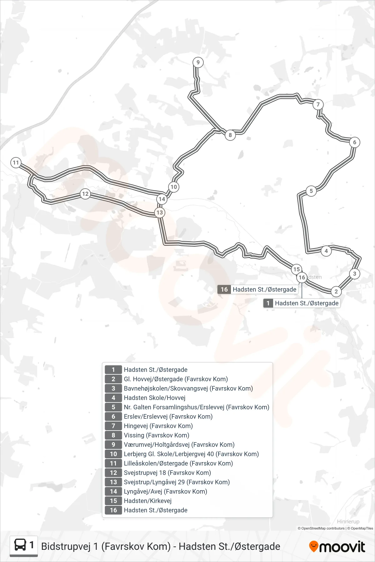 1 bus Linje (Hadsten St./Østergade) rute og stop på et kort