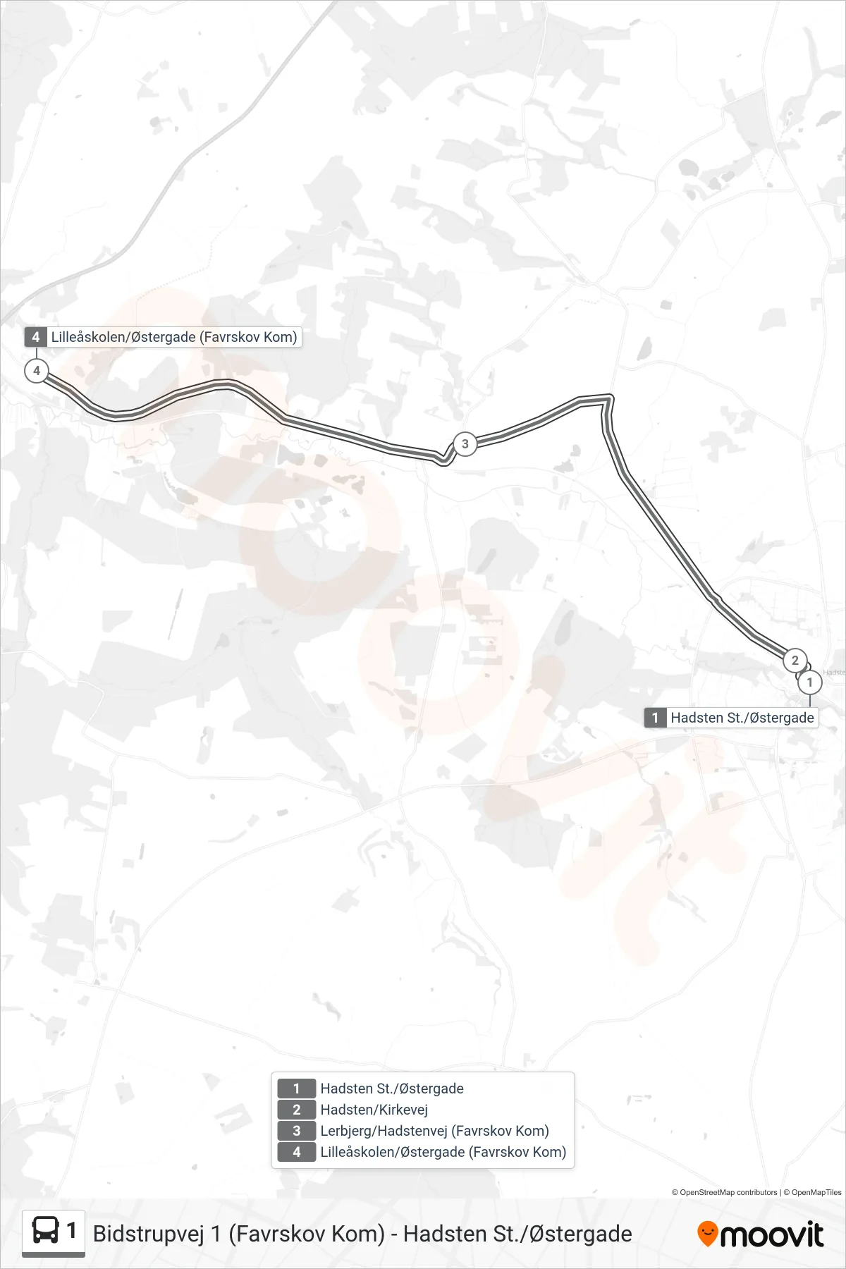 1 bus Line (Lilleåskolen/Østergade (Favrskov Kom)) route and stops on a map