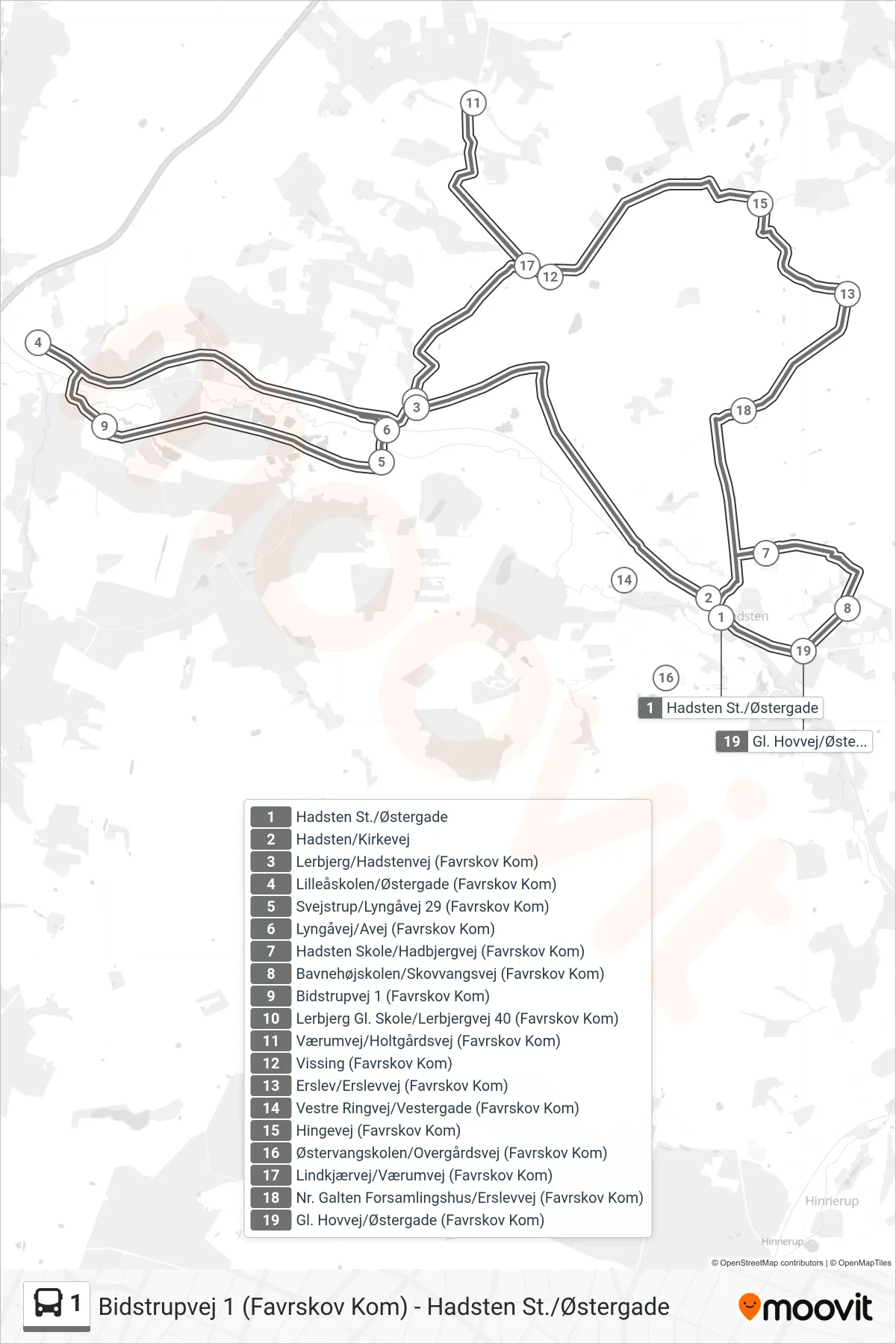 1 bus Linje (Hadsten St./Østergade) rute og stop på et kort