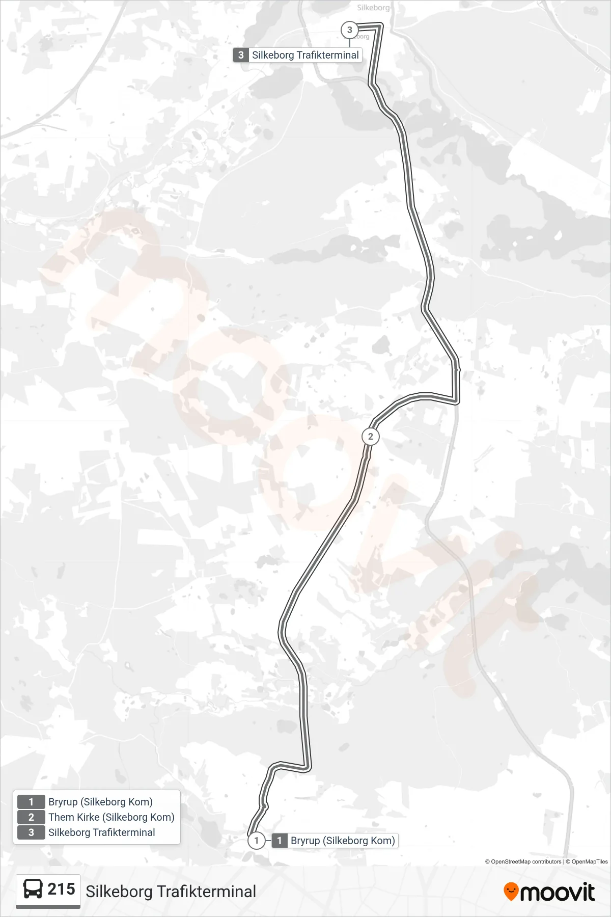 215 bus Linje (Silkeborg Trafikterminal) rute og stop på et kort