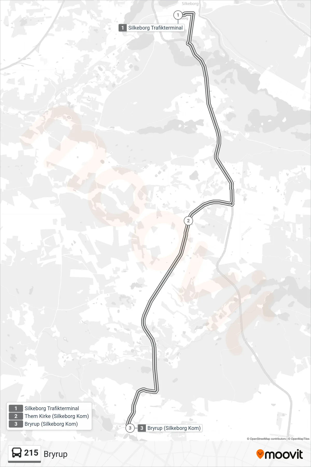 215 bus Linje (Bryrup) rute og stop på et kort