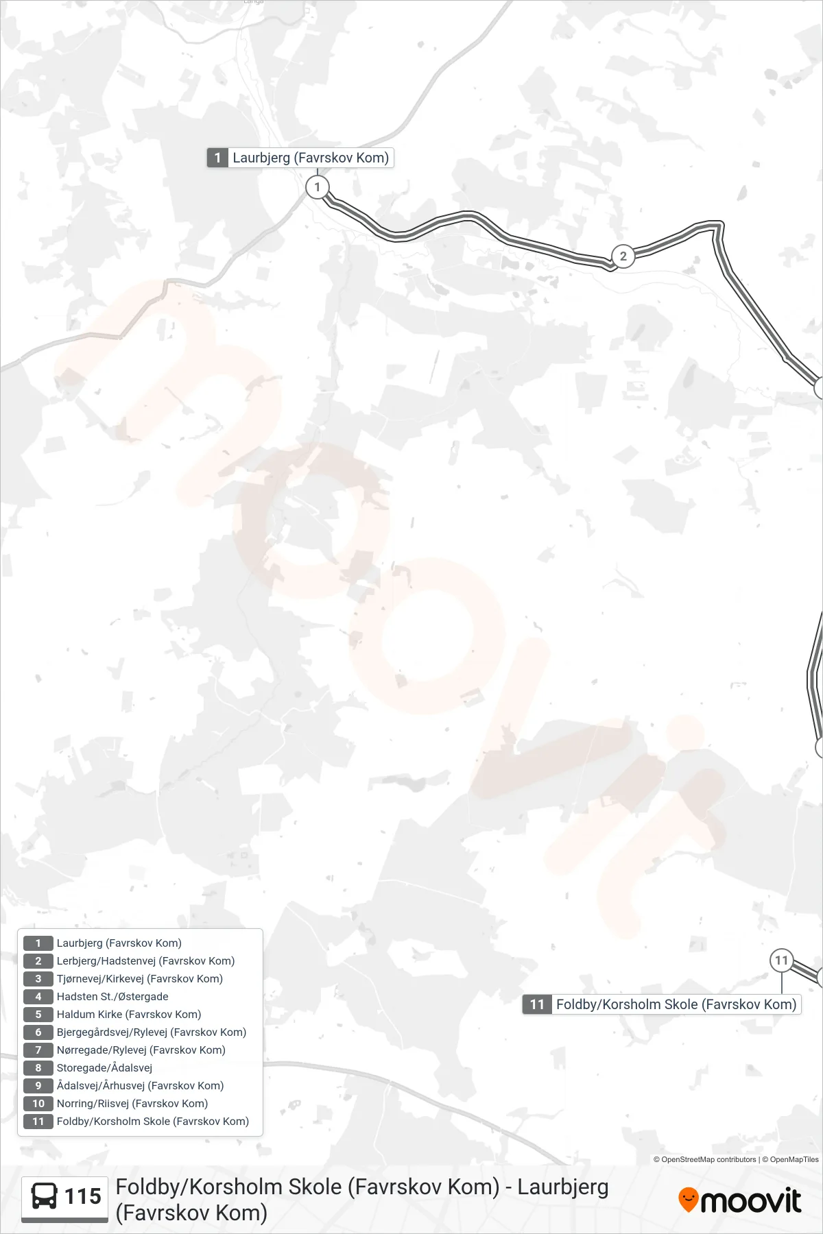 115 bus Linje (Foldby/Korsholm Skole) rute og stop på et kort