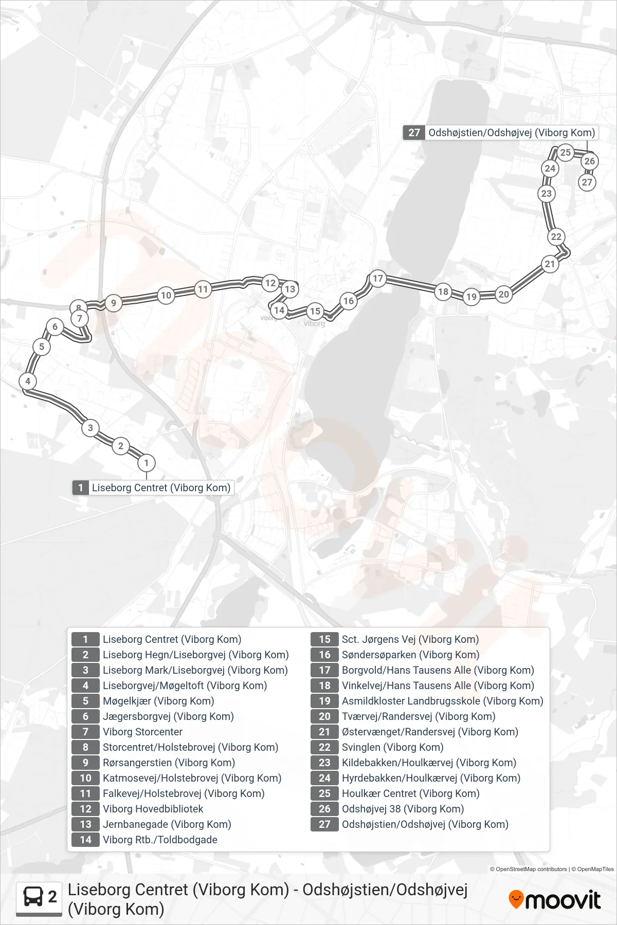 2 bus Linje (Odshøjstien) rute og stop på et kort