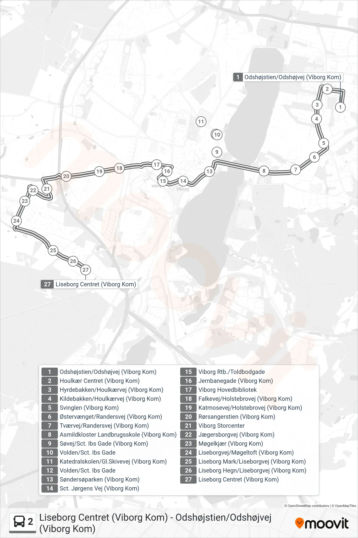 2 bus Linje (Liseborg Centret (Viborg Kom)) rute og stop på et kort