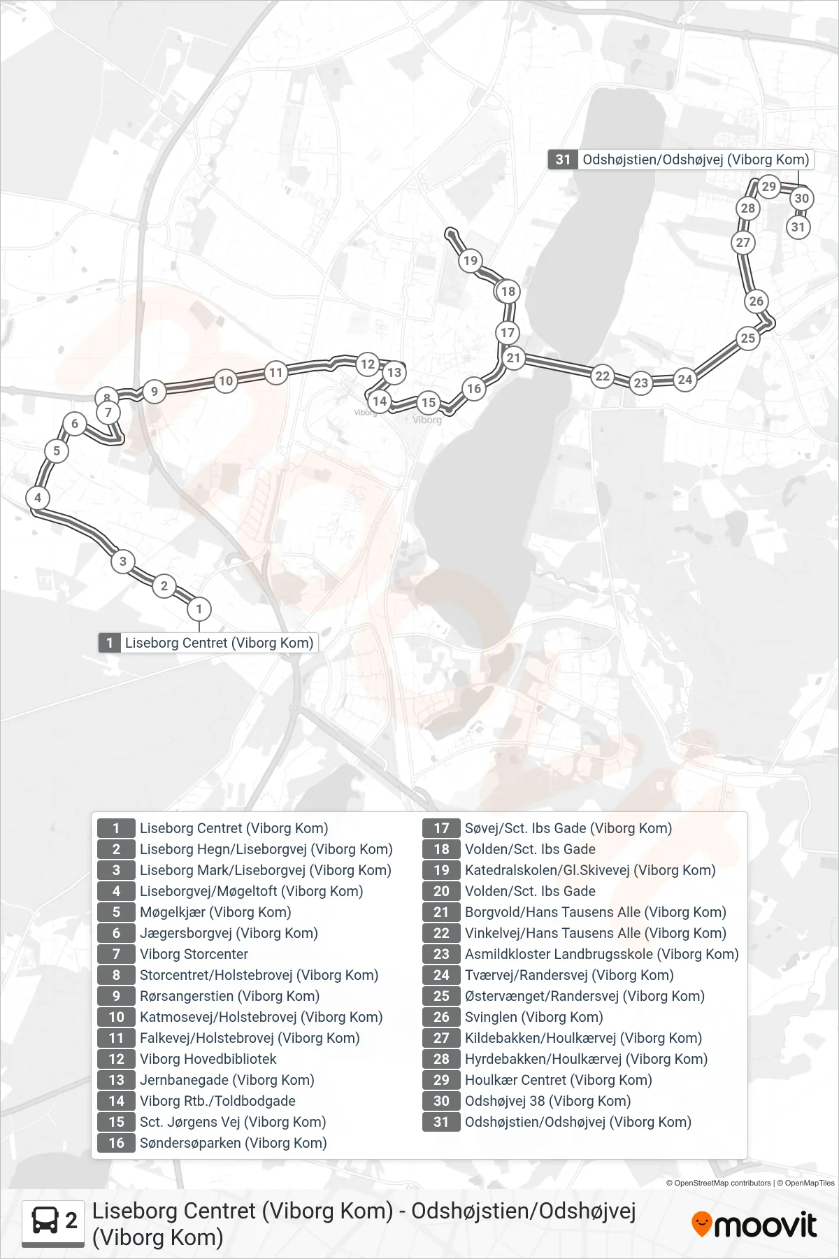 2 bus Linje (Odshøjstien/Odshøjvej (Viborg Kom)) rute og stop på et kort