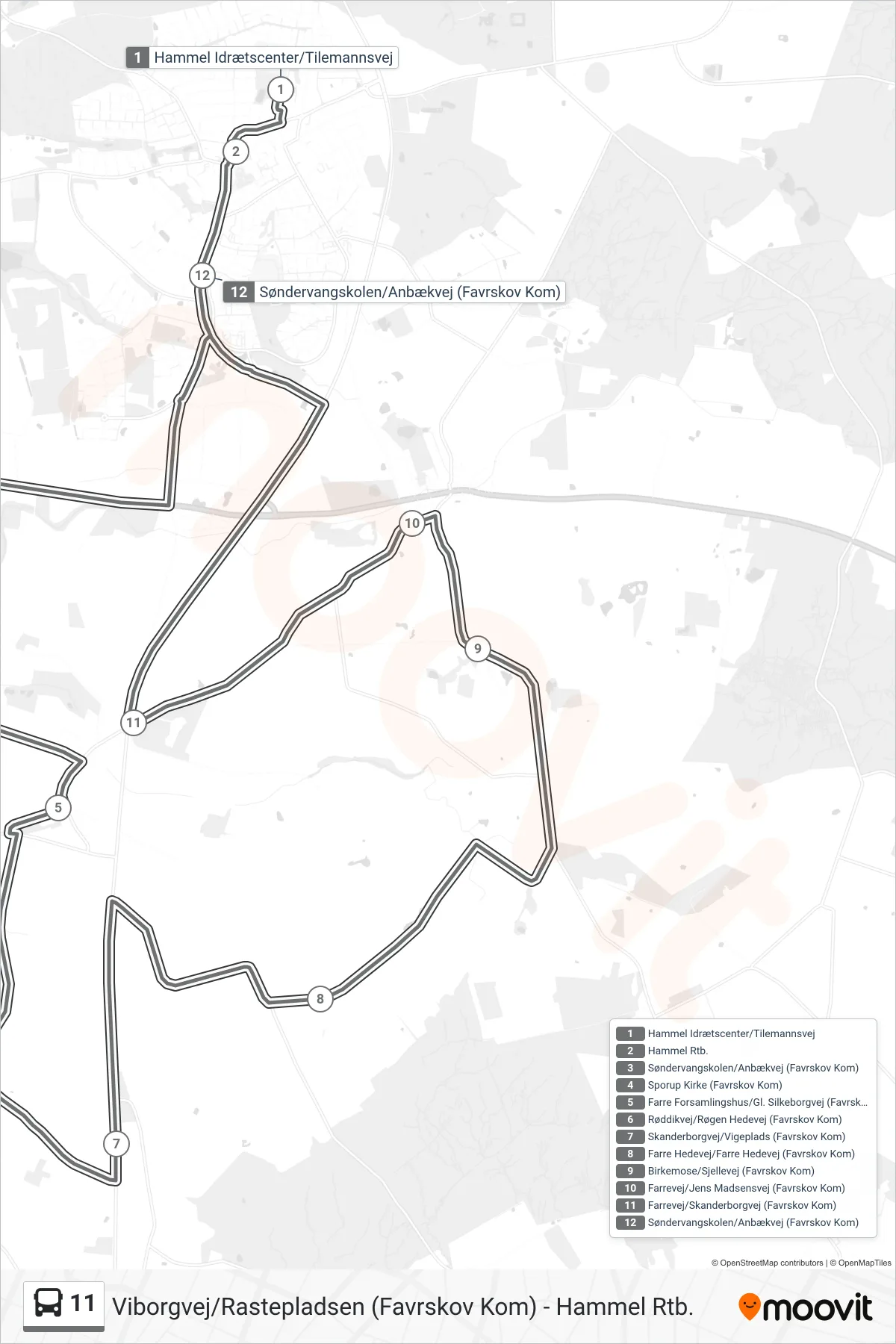 11 bus Linje (Søndervangskolen/Anbækvej (Favrskov Kom)) rute og stop på et kort