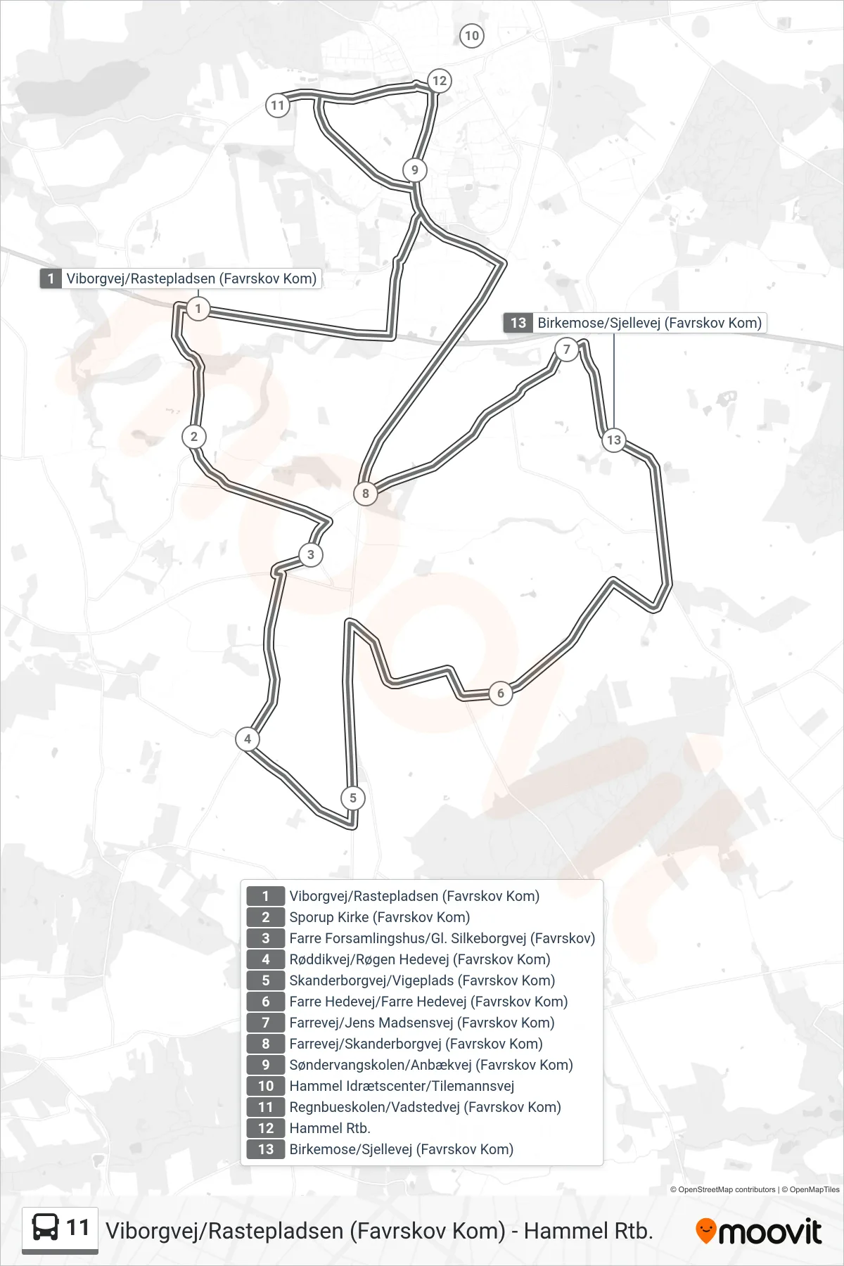 11 bus Linje (Hammel Rtb.) rute og stop på et kort