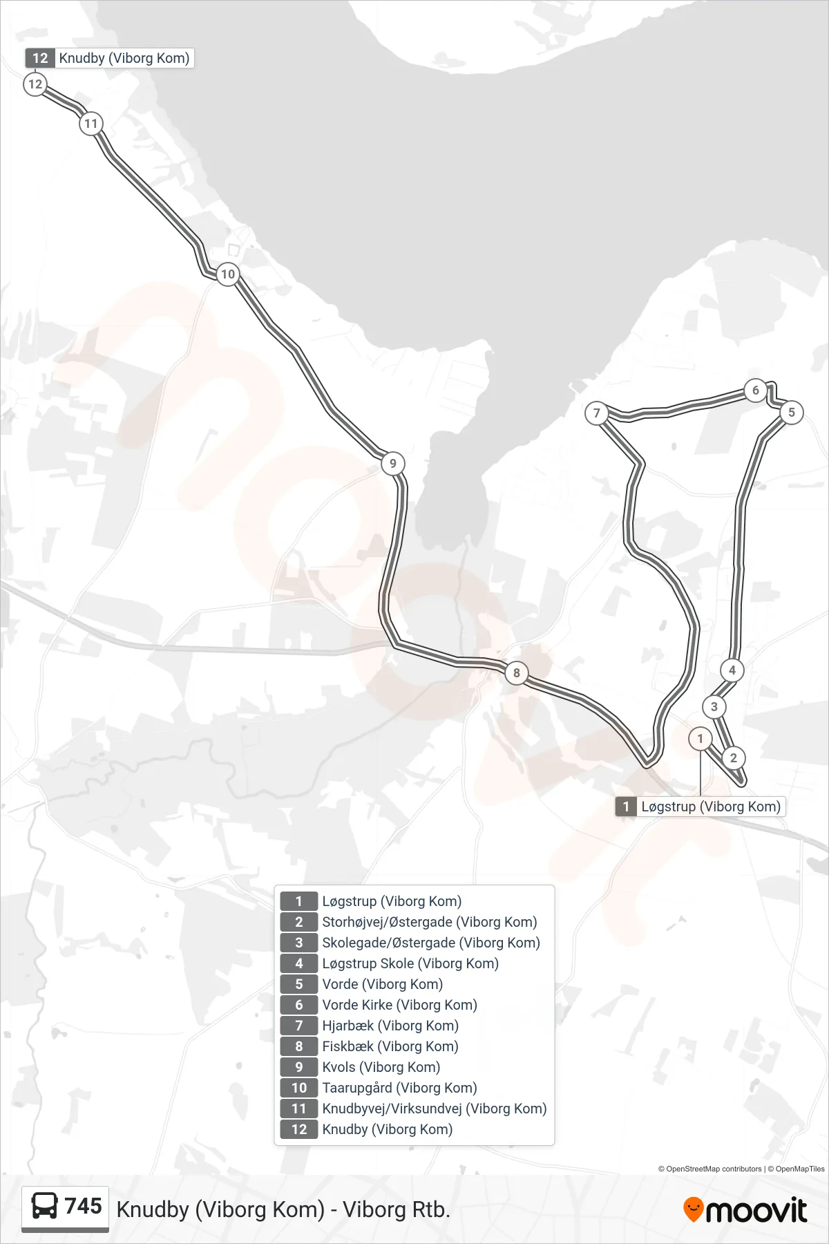 745 bus Linje (Knudby) rute og stop på et kort