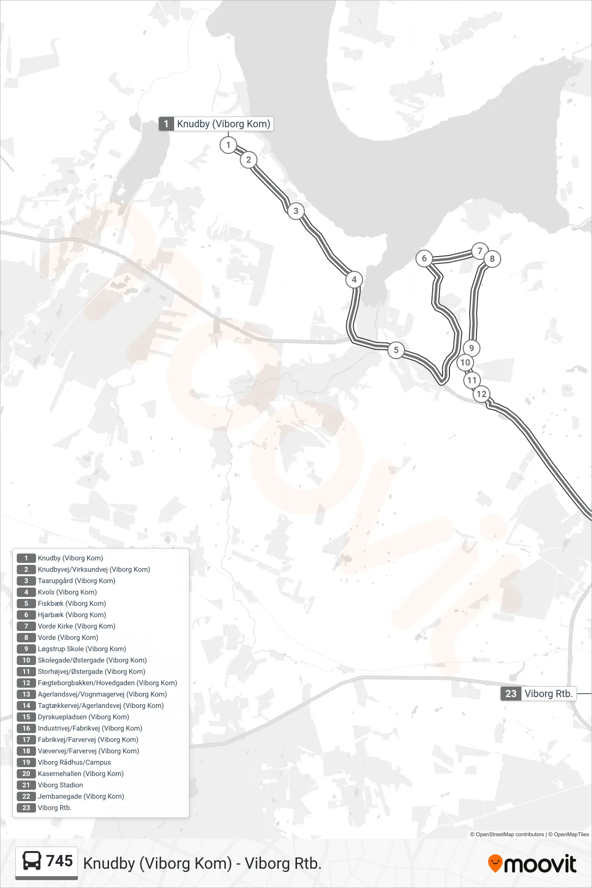 745 bus Linje (Viborg Rtb.) rute og stop på et kort
