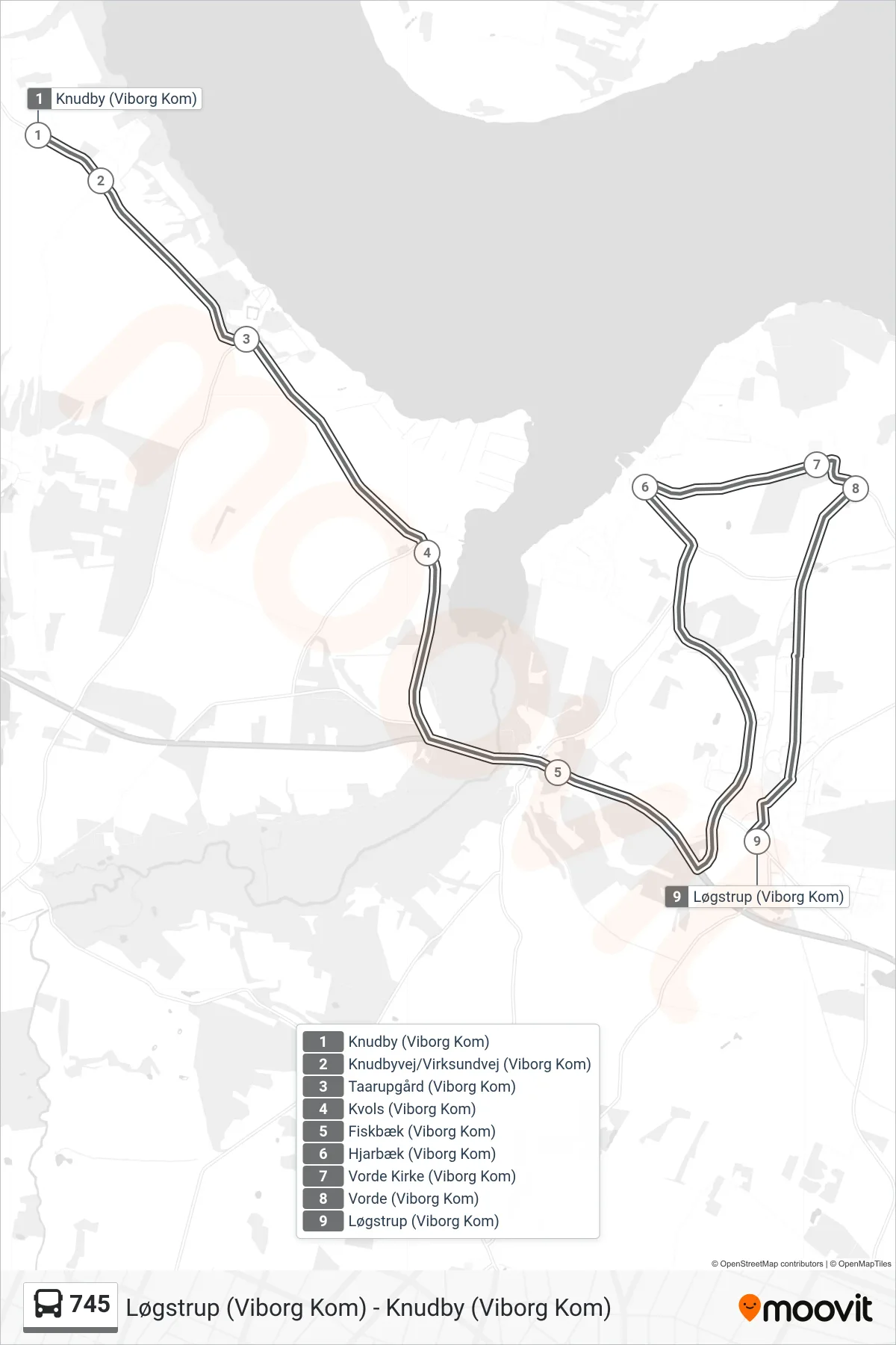 745 bus Linje (Løgstrup) rute og stop på et kort