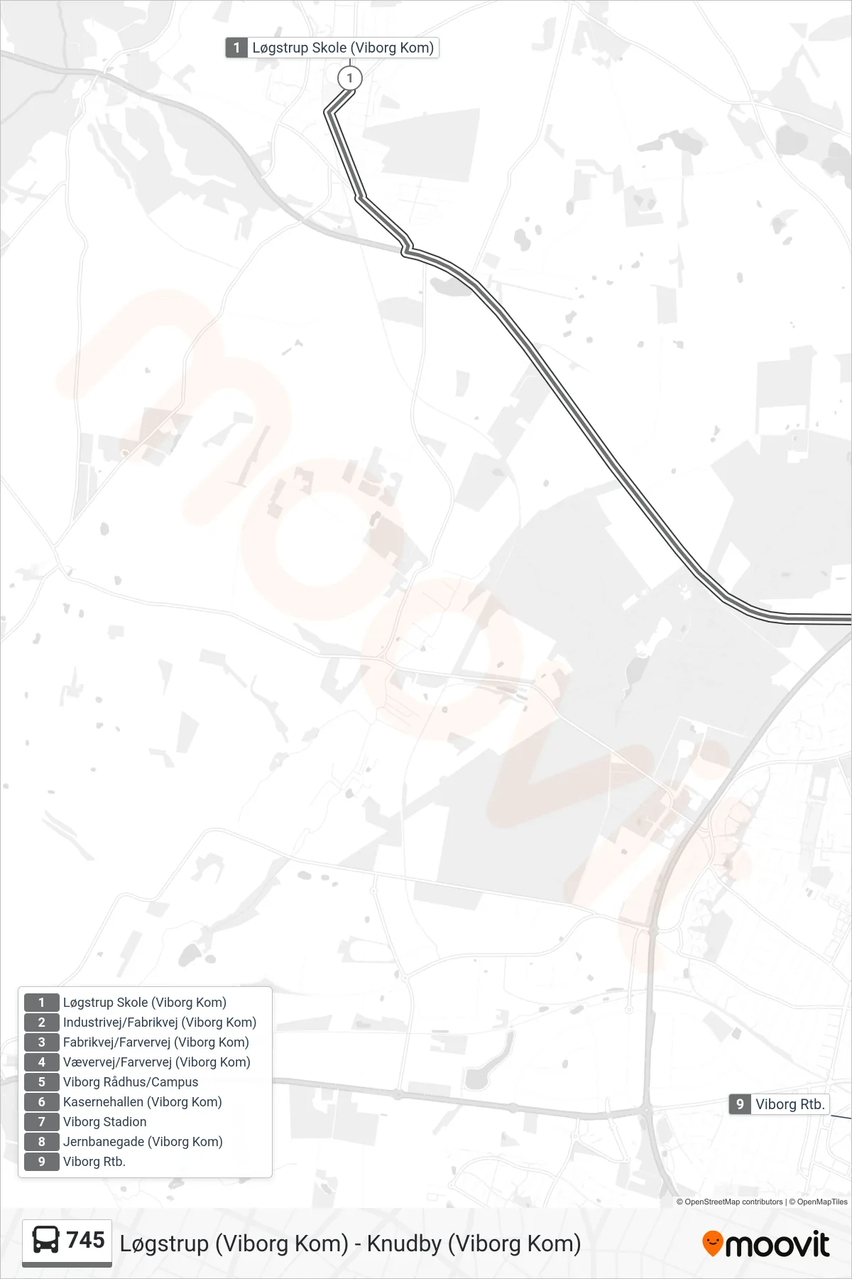 745 bus Linje (Viborg Rtb.) rute og stop på et kort