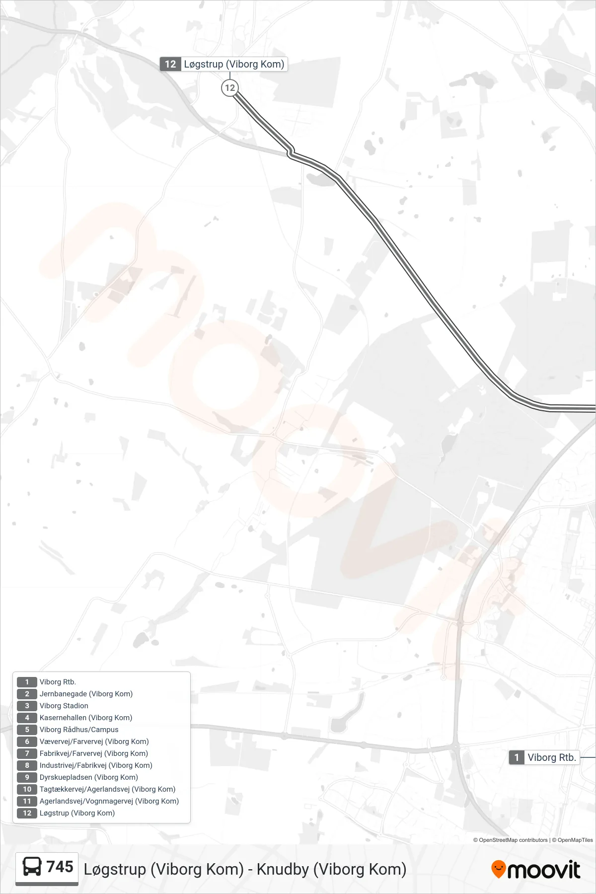 745 bus Linje (Løgstrup) rute og stop på et kort