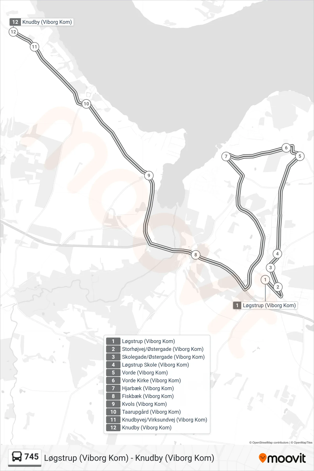 745 bus Linje (Knudby) rute og stop på et kort