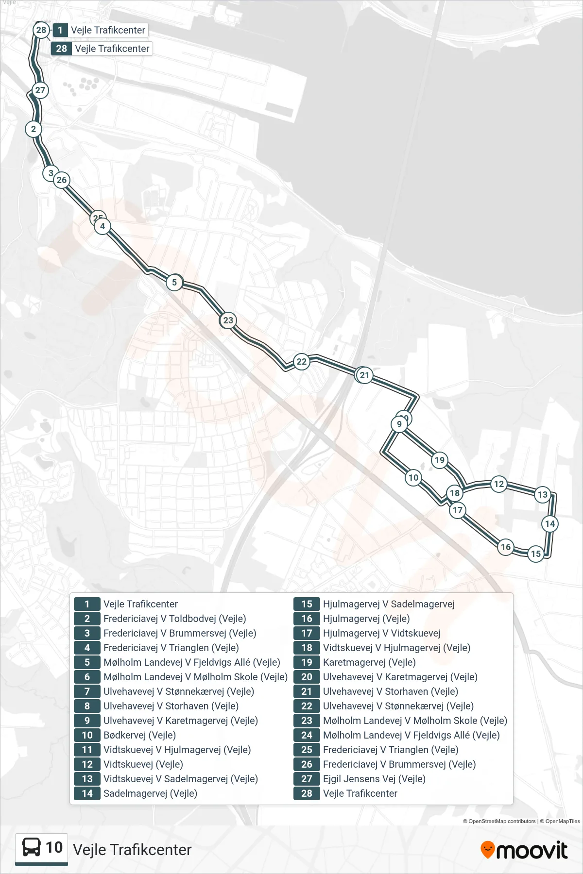10 bus Linje (Vejle Trafikcenter) rute og stop på et kort
