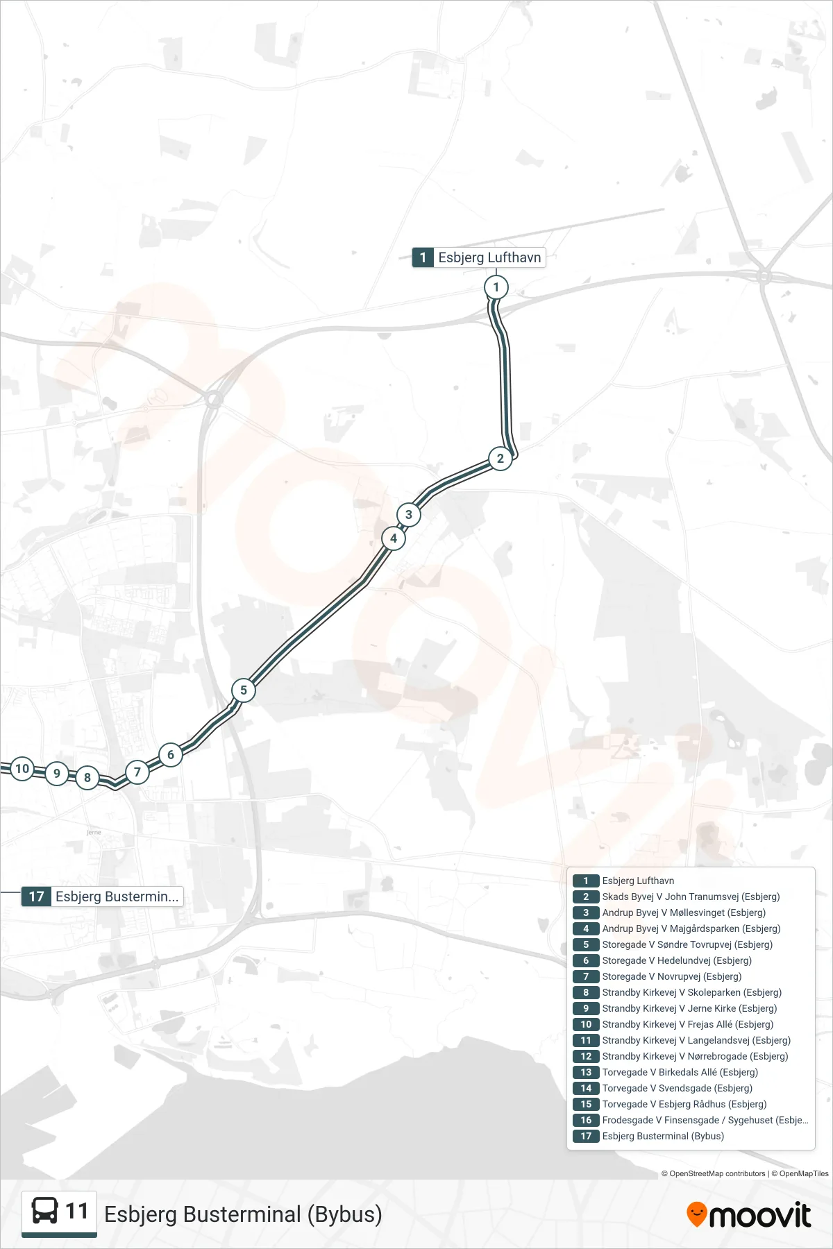11 bus Linje (Esbjerg Busterminal (Bybus)) rute og stop på et kort
