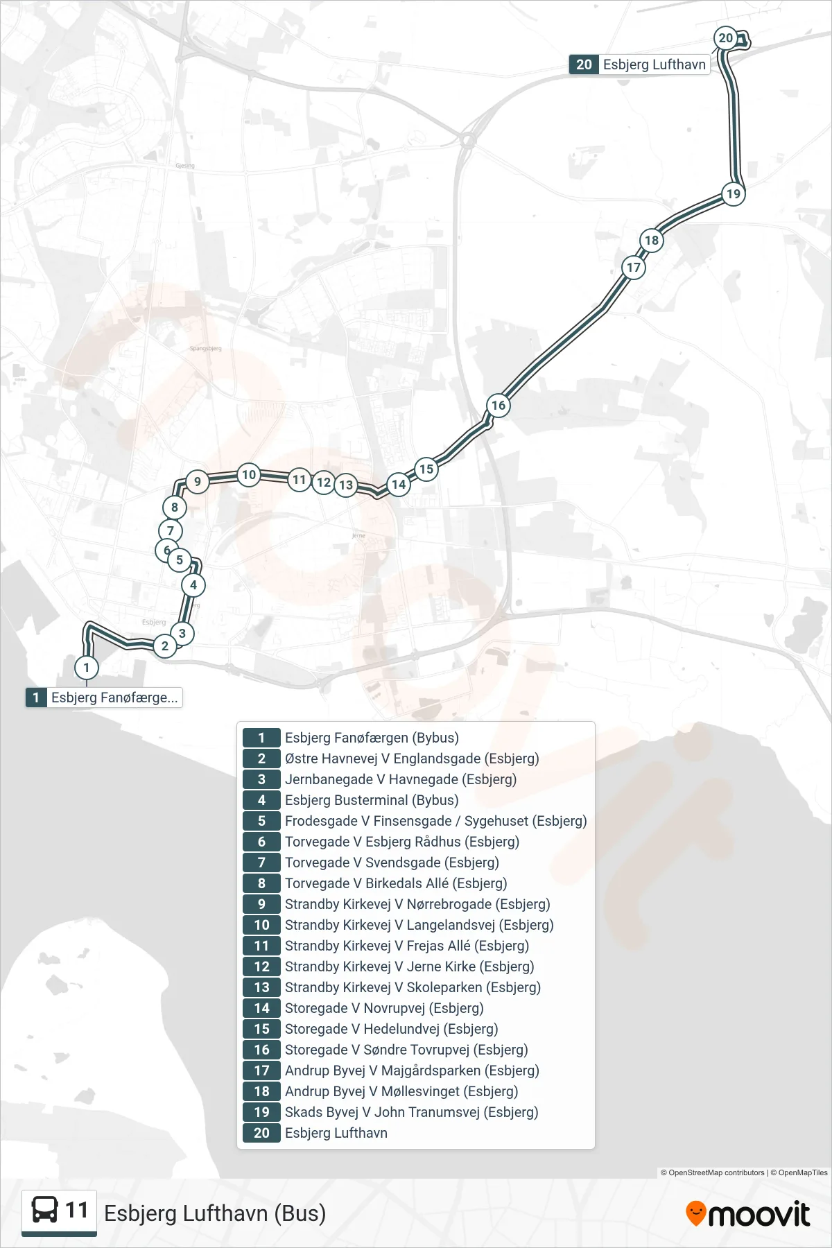 11 bus Linje (Esbjerg Lufthavn (Bus)) rute og stop på et kort