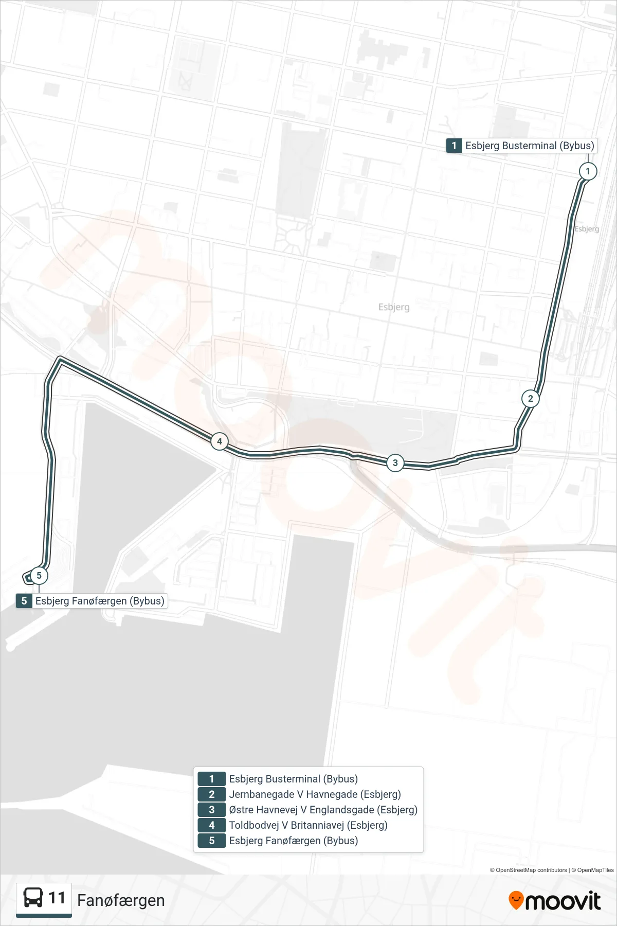 11 bus Linje (Fanøfærgen) rute og stop på et kort