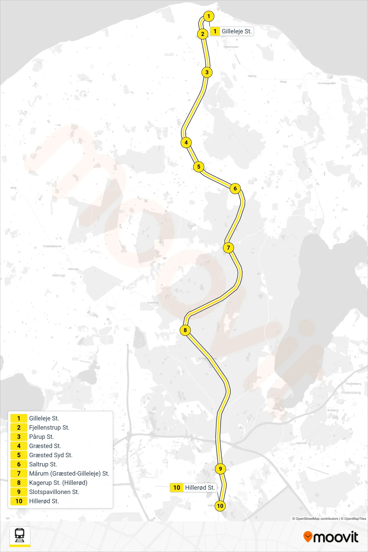 950R jernbane Linje (Hillerød) rute og stop på et kort