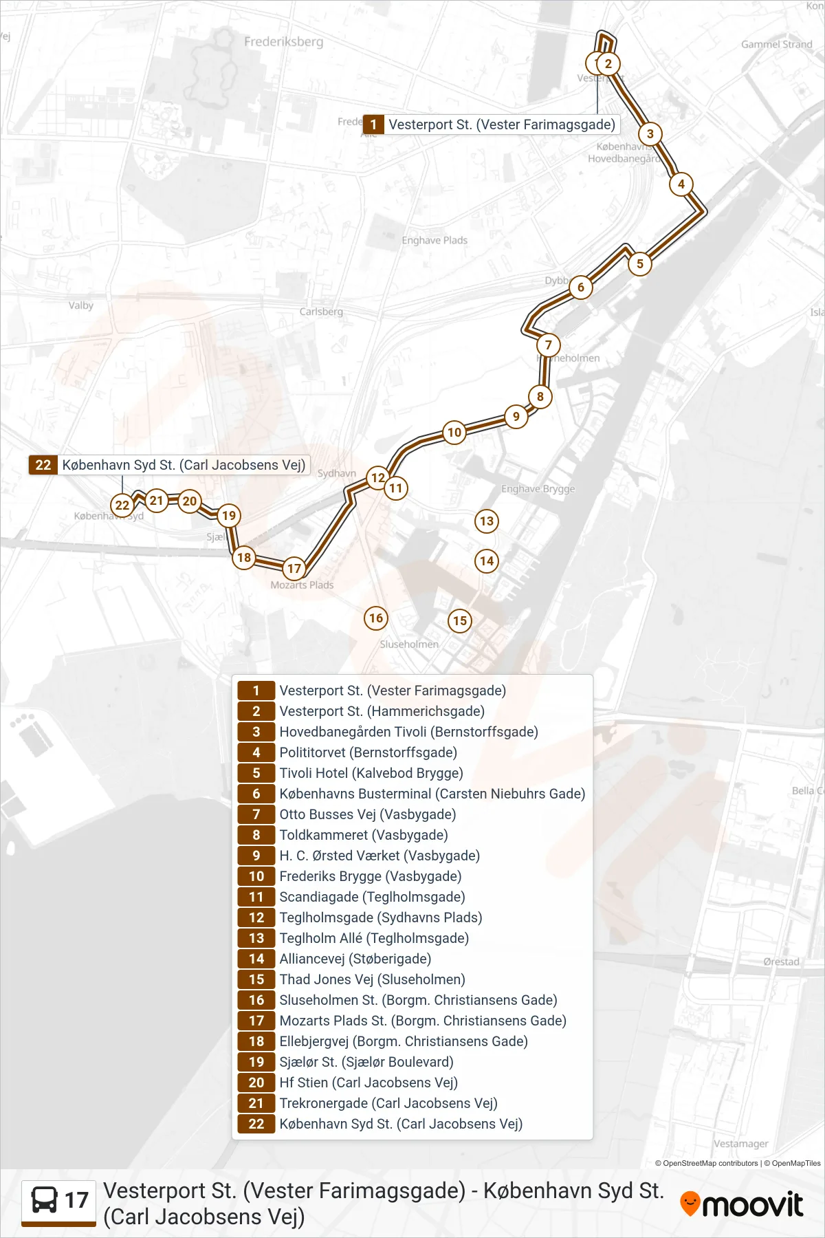 17 bus Linje (København Syd St.) rute og stop på et kort