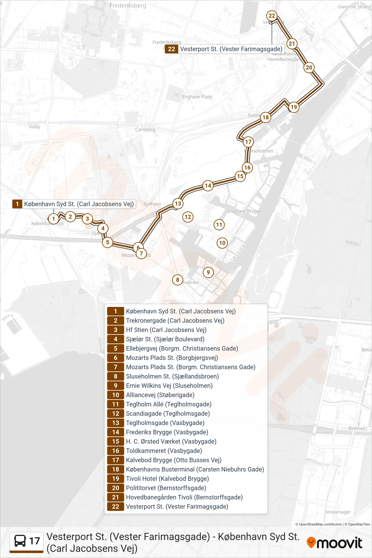 17 bus Linje (Vesterport St.) rute og stop på et kort