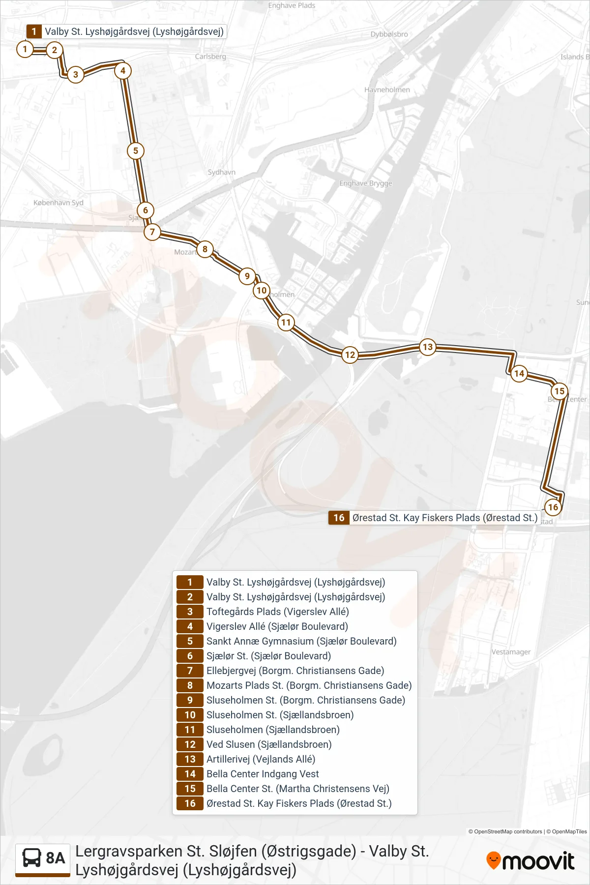 8A bus Line (Ørestad St.) route and stops on a map