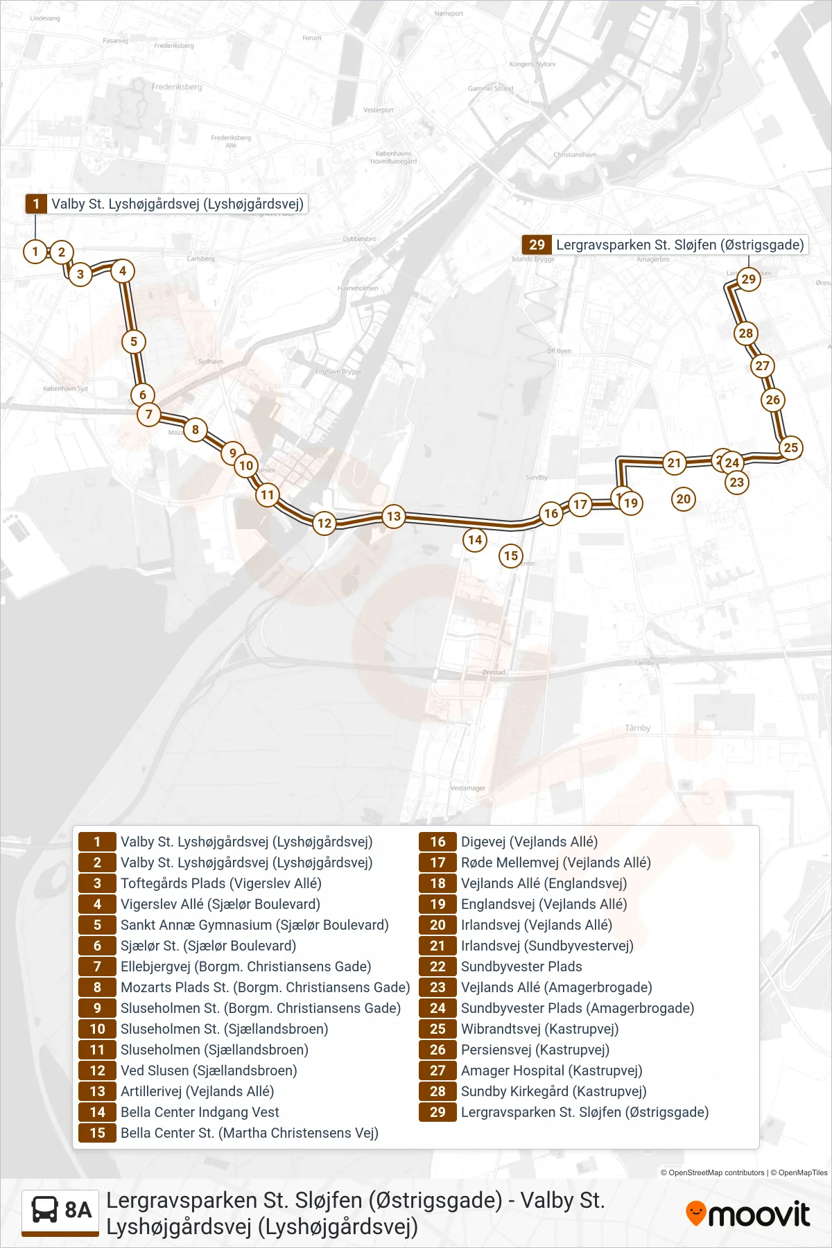 8A bus Linje (Lergravsparken St.) rute og stop på et kort