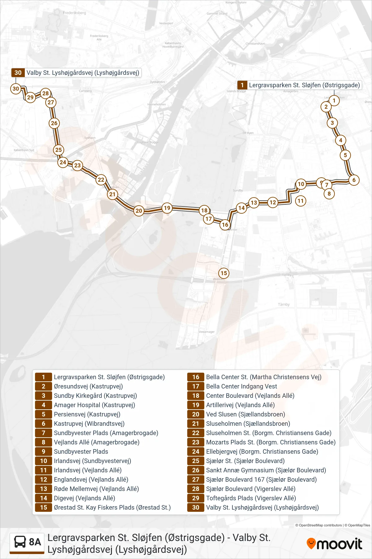 8A bus Linje (Valby St.) rute og stop på et kort