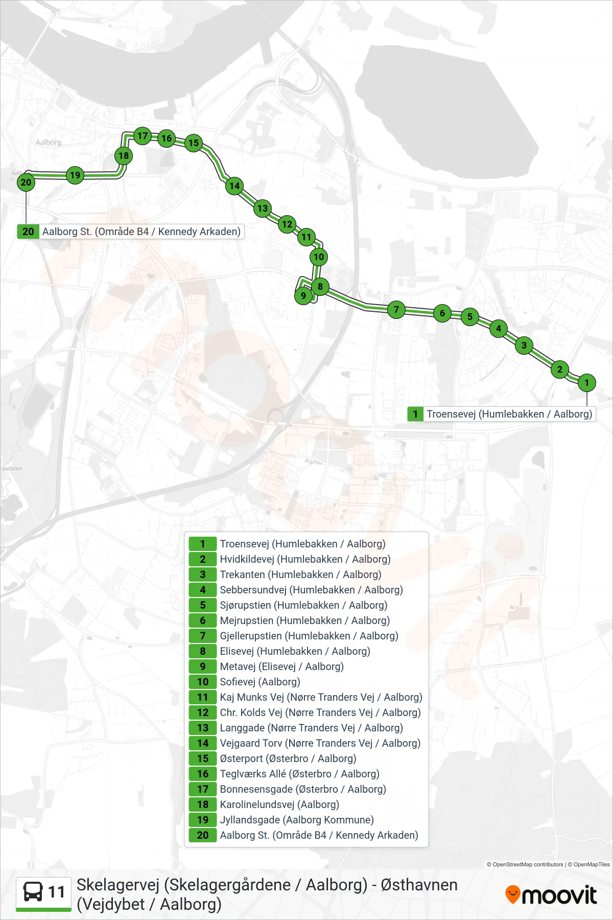 11 bus Line (Aalborg St.) route and stops on a map