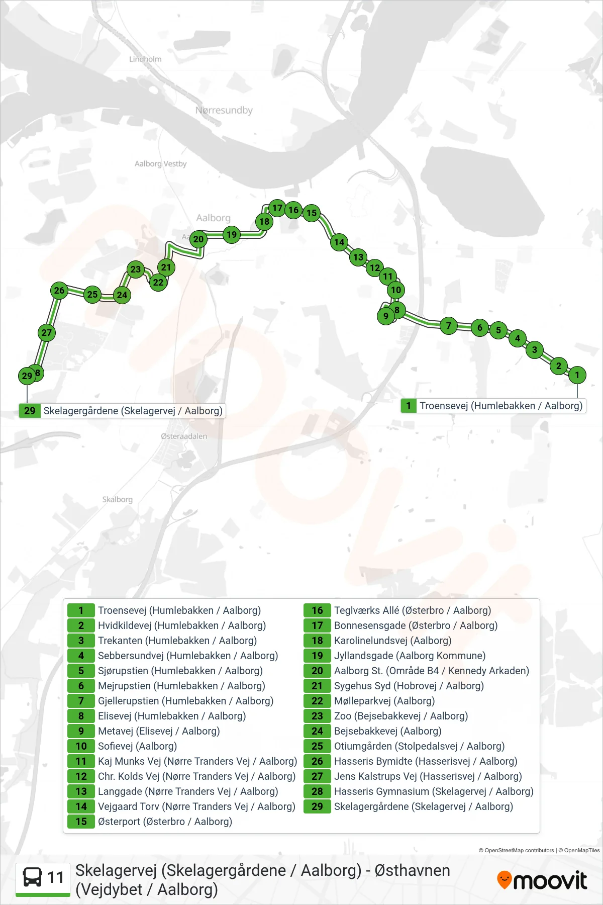 11 bus Linje (Skelagervej) rute og stop på et kort