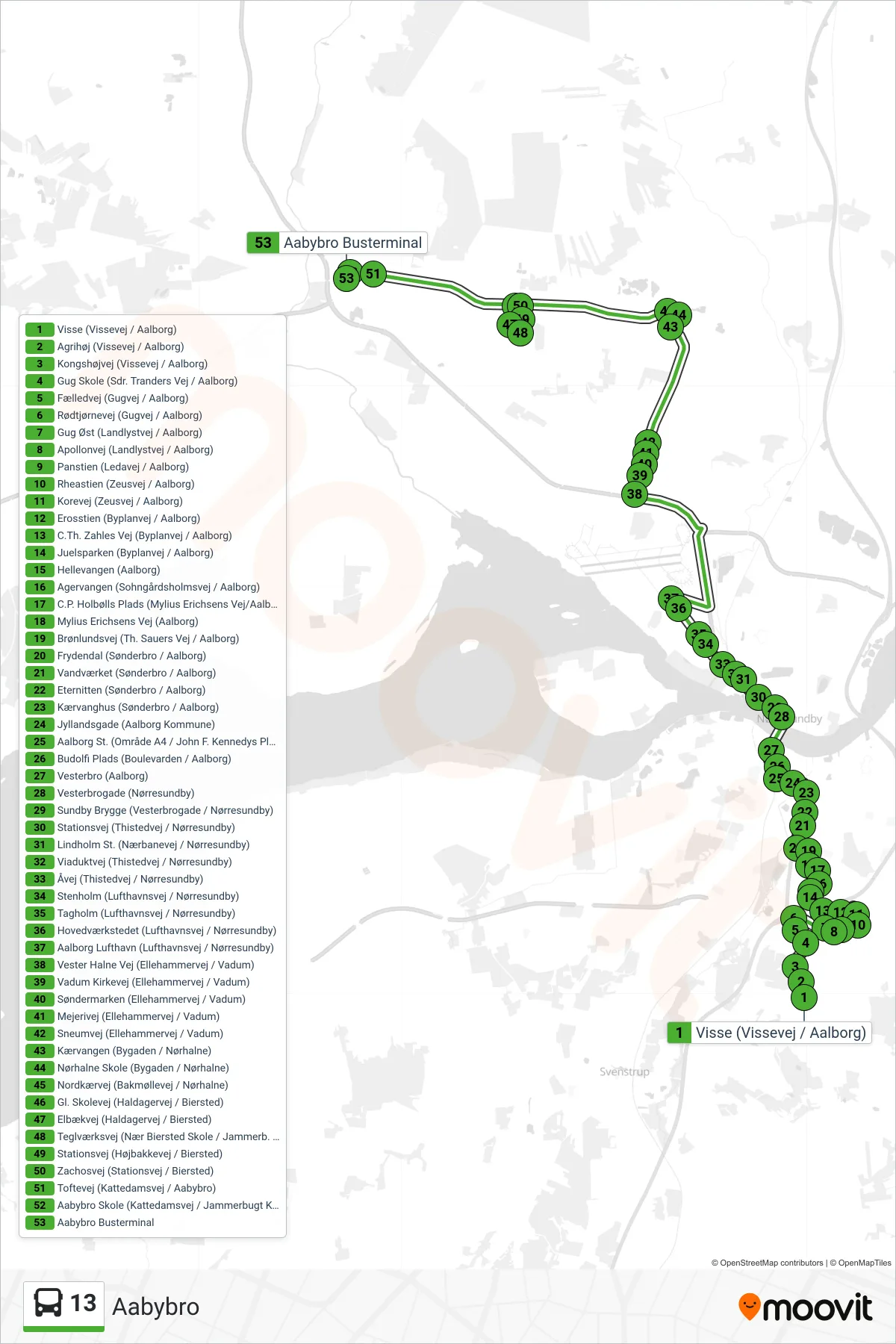 13 bus Linje (Aabybro) rute og stop på et kort