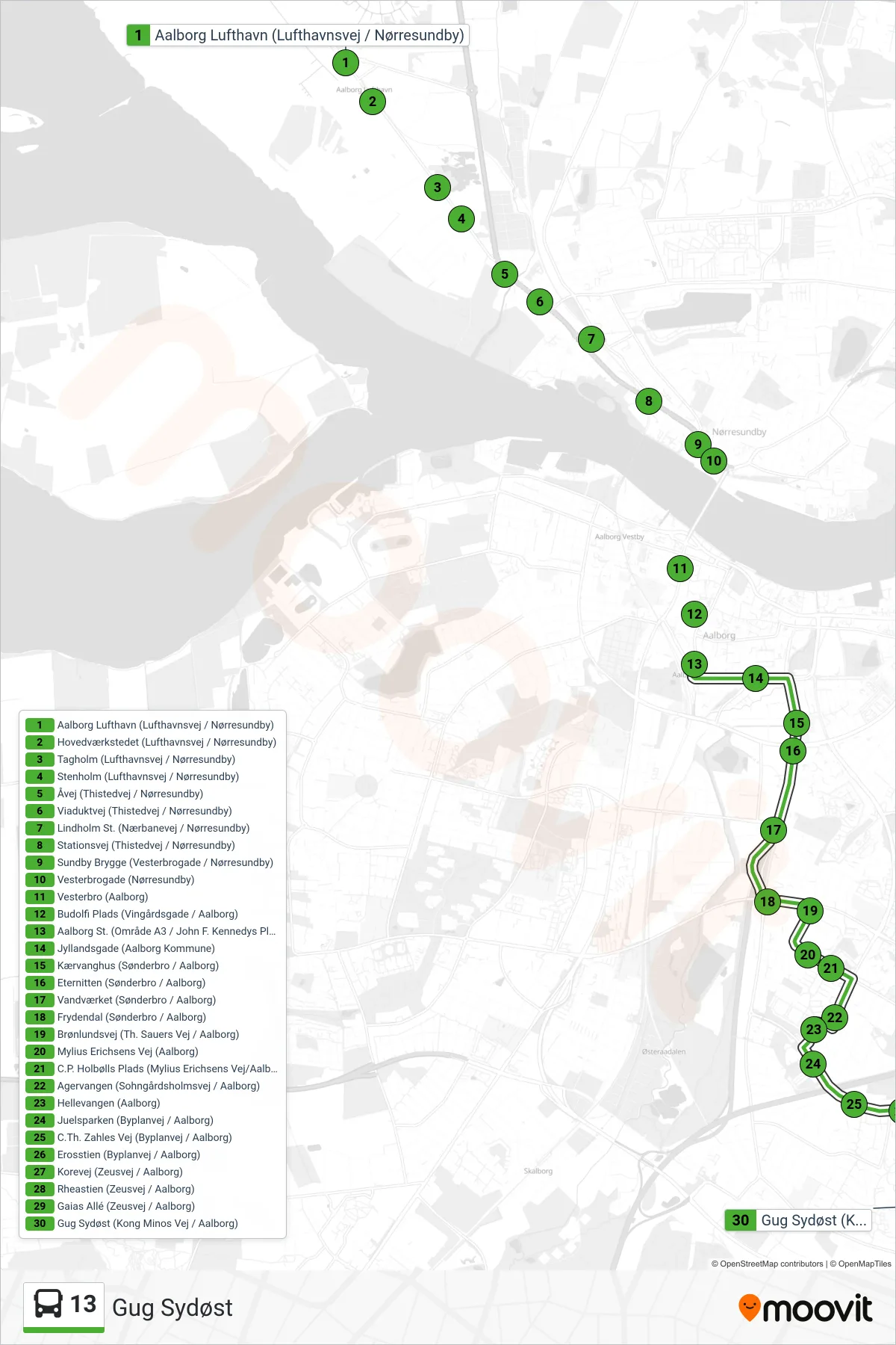 13 bus Linje (Gug Sydøst) rute og stop på et kort