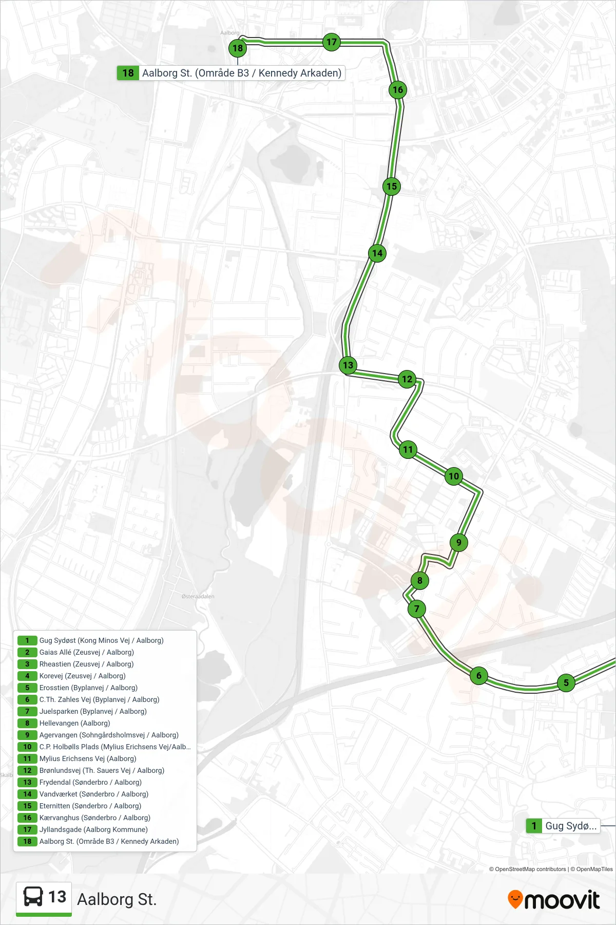 13 bus Linje (Aalborg St.) rute og stop på et kort