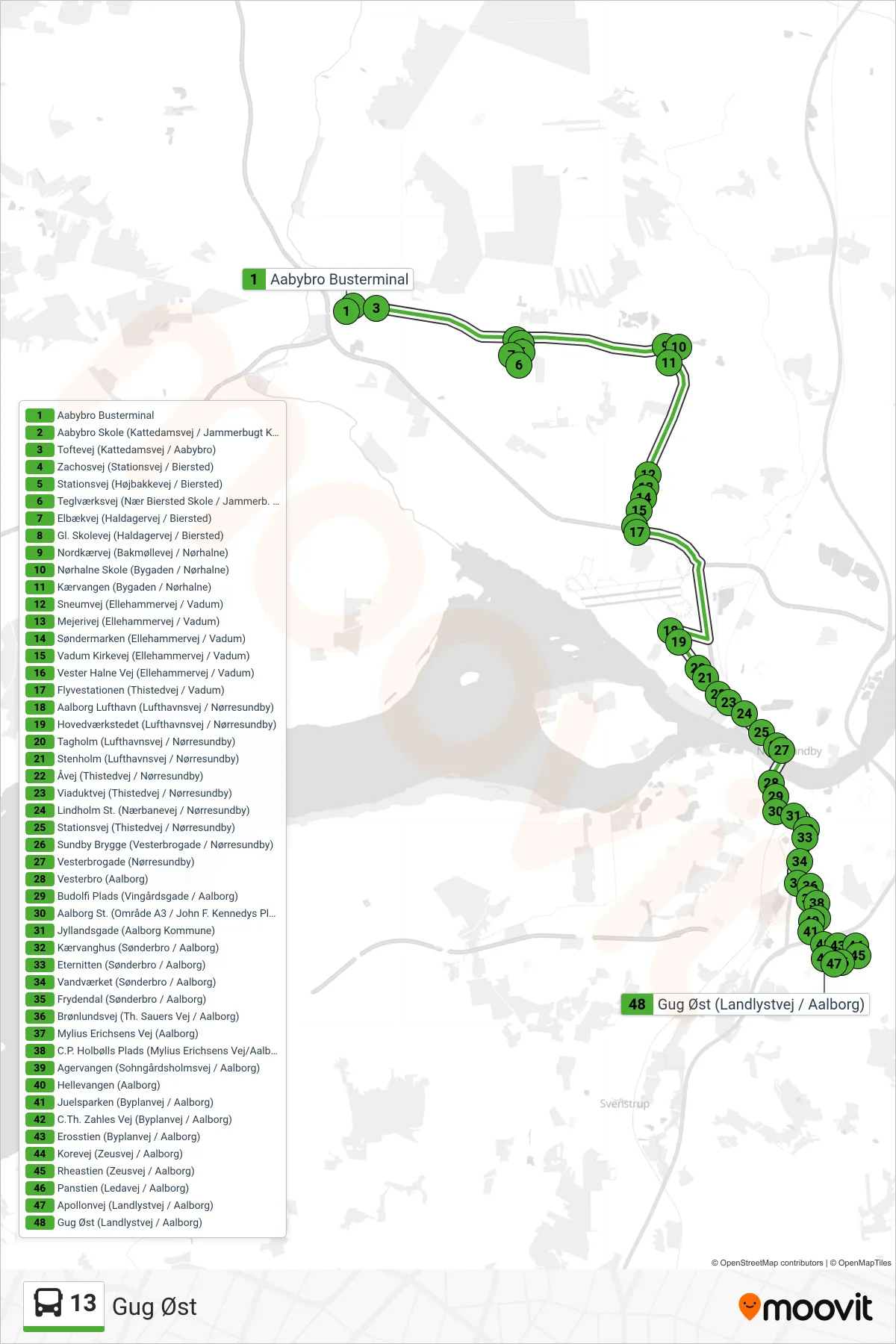 13 bus Linje (Gug Øst) rute og stop på et kort