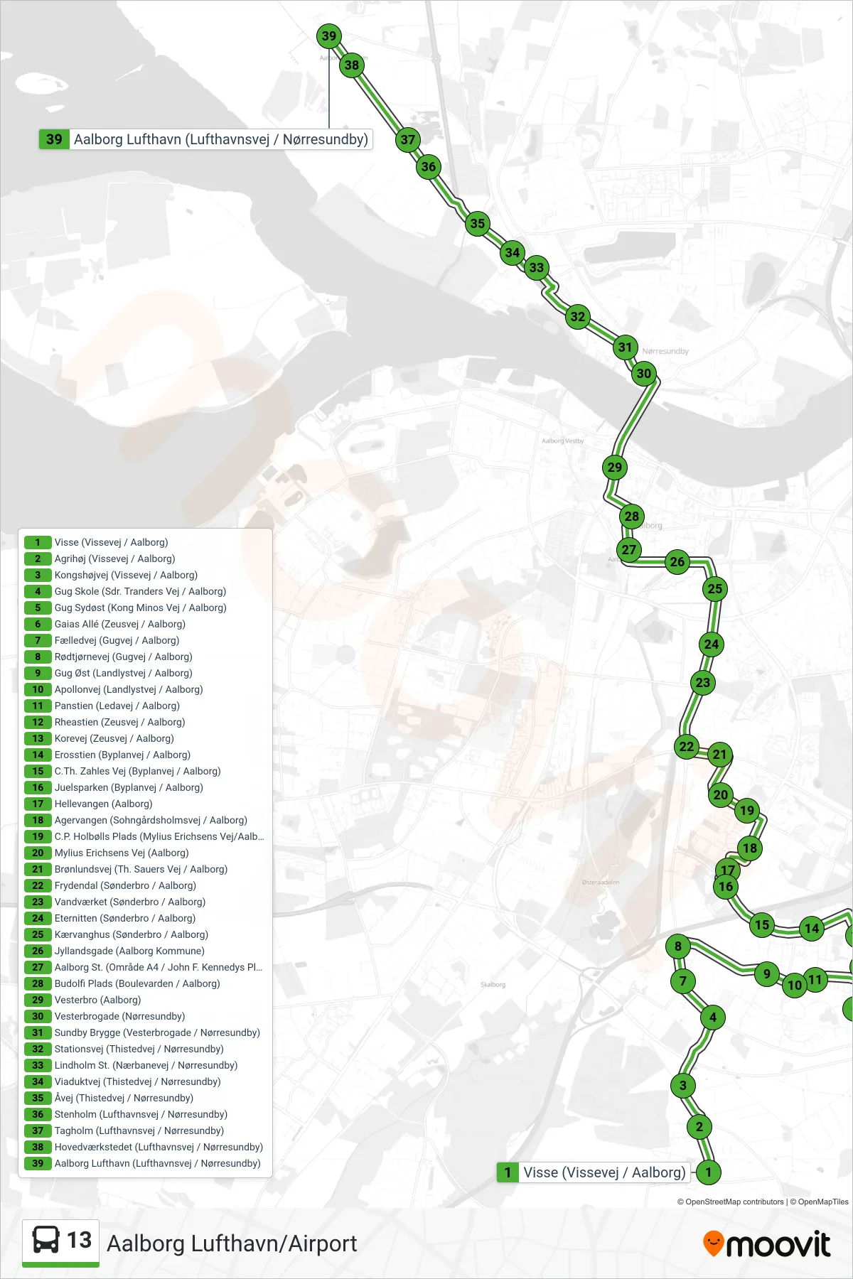 13 bus Linje (Aalborg Lufthavn/Airport) rute og stop på et kort