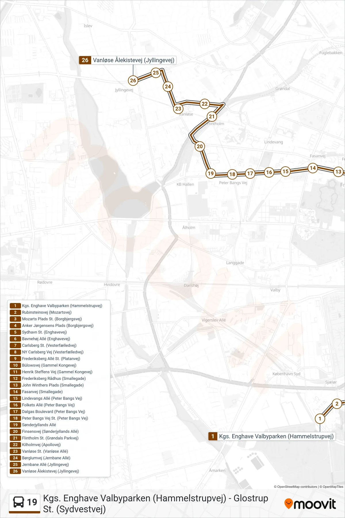 19 bus Line (Vanløse Ålekistevej) route and stops on a map
