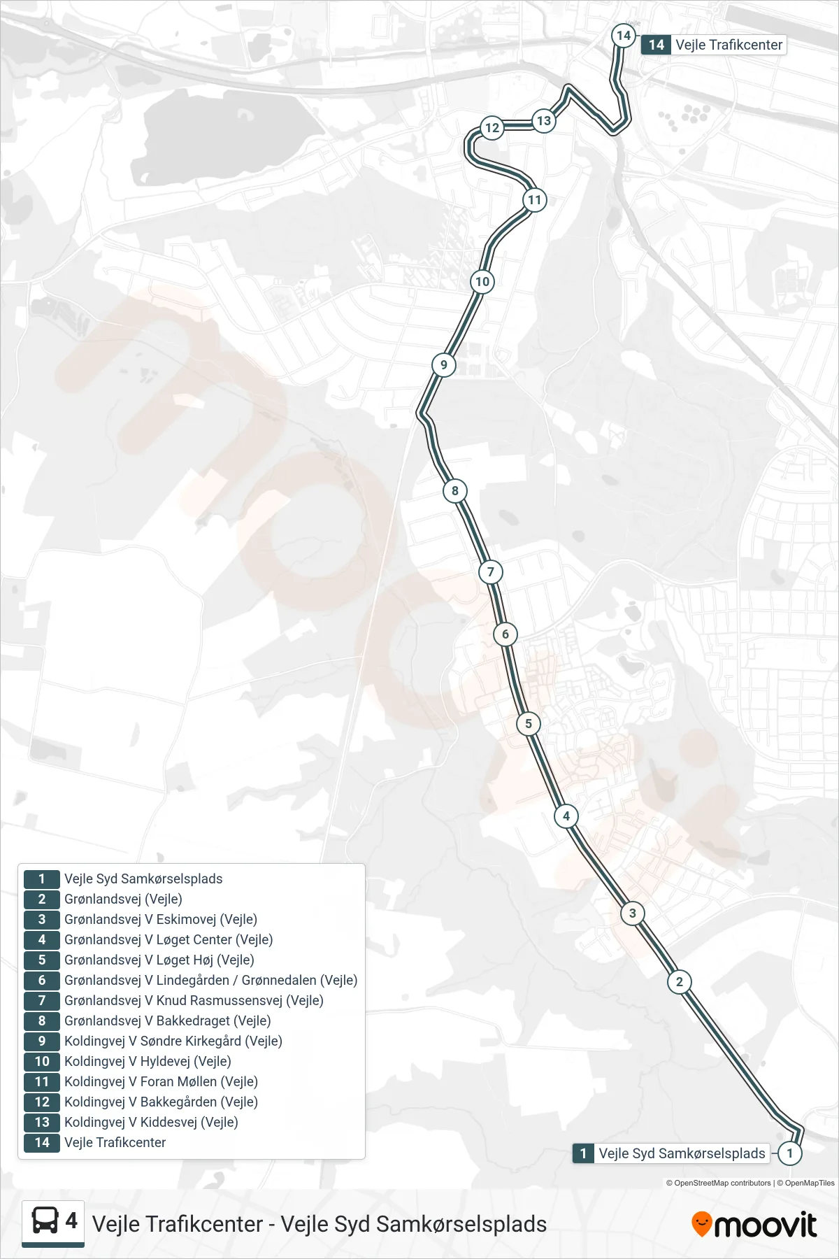 4 bus Linje (Vejle Trafikcenter) rute og stop på et kort