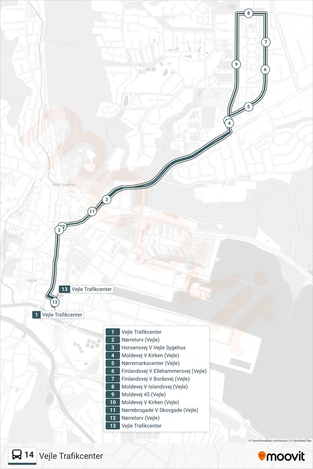 14 bus Linje (Vejle Trafikcenter) rute og stop på et kort