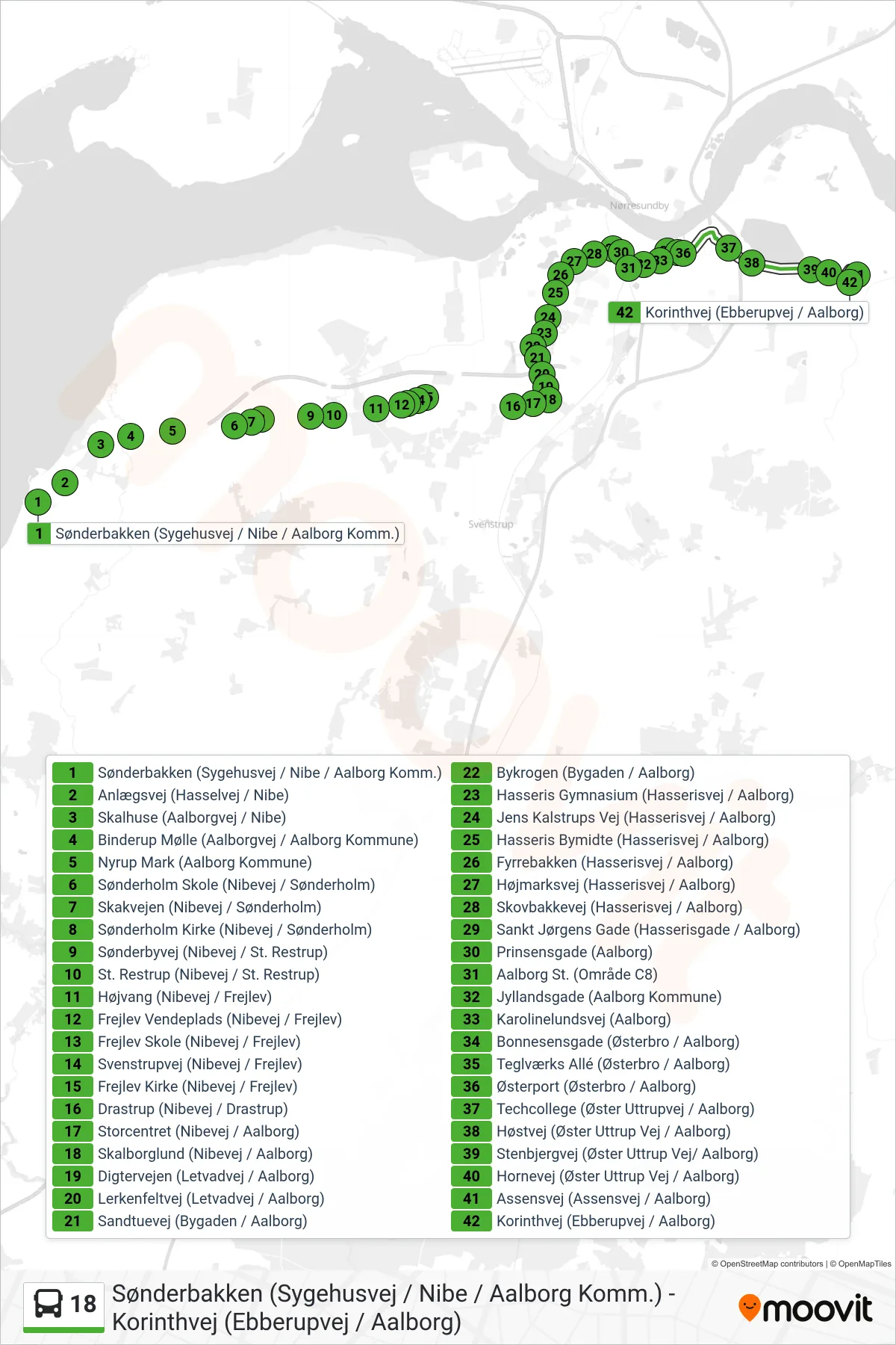 18 bus Linje (Assensvej) rute og stop på et kort