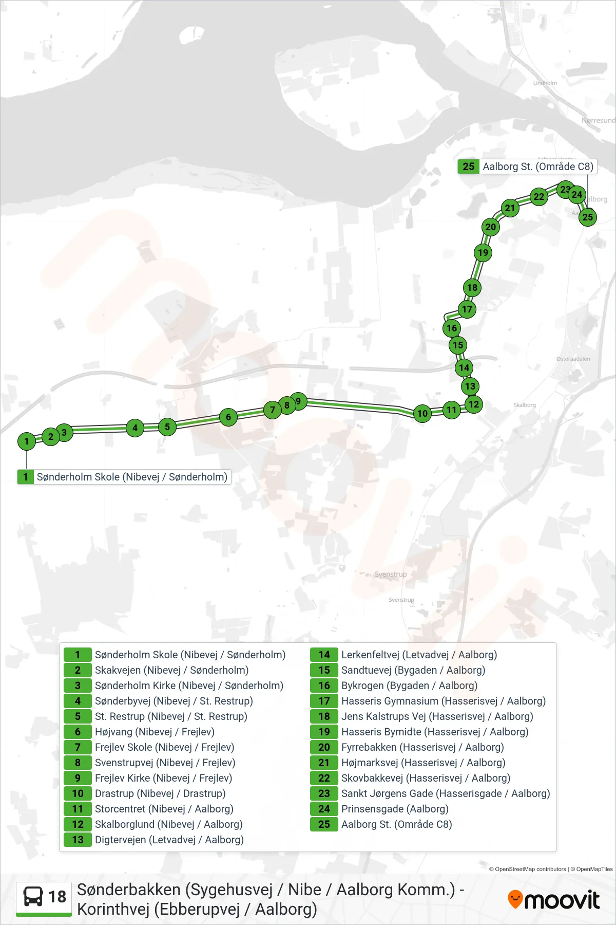18 bus Linje (Aalborg St.) rute og stop på et kort