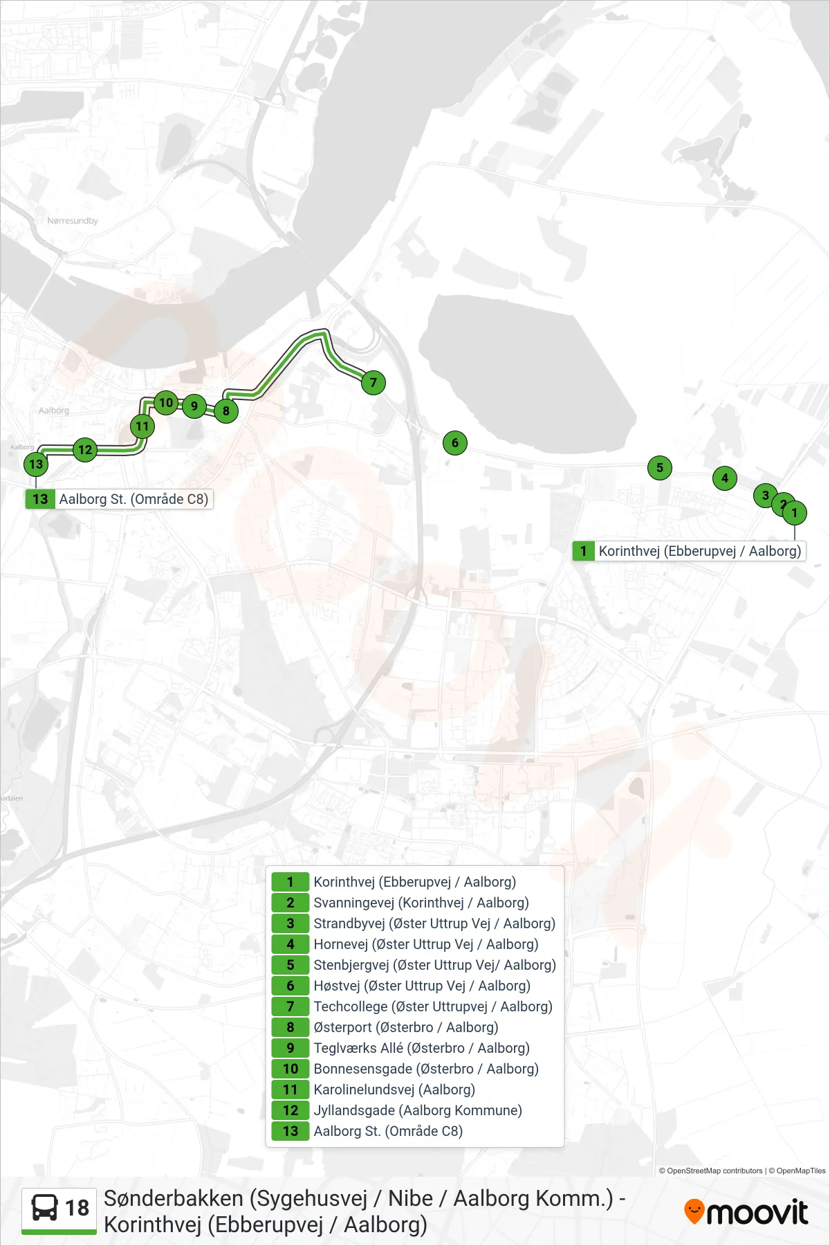 18 bus Linje (Aalborg St.) rute og stop på et kort
