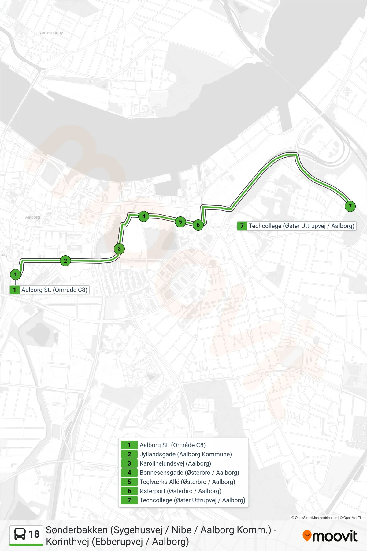 18 bus Linje (Tech College) rute og stop på et kort