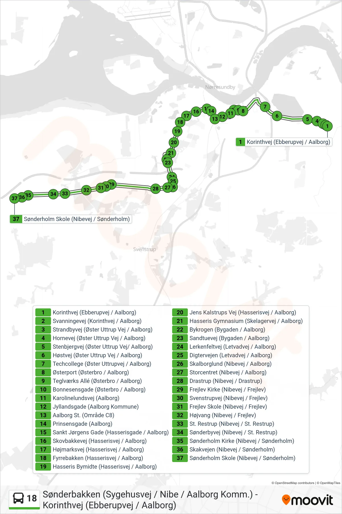 18 bus Linje (Sønderholm) rute og stop på et kort